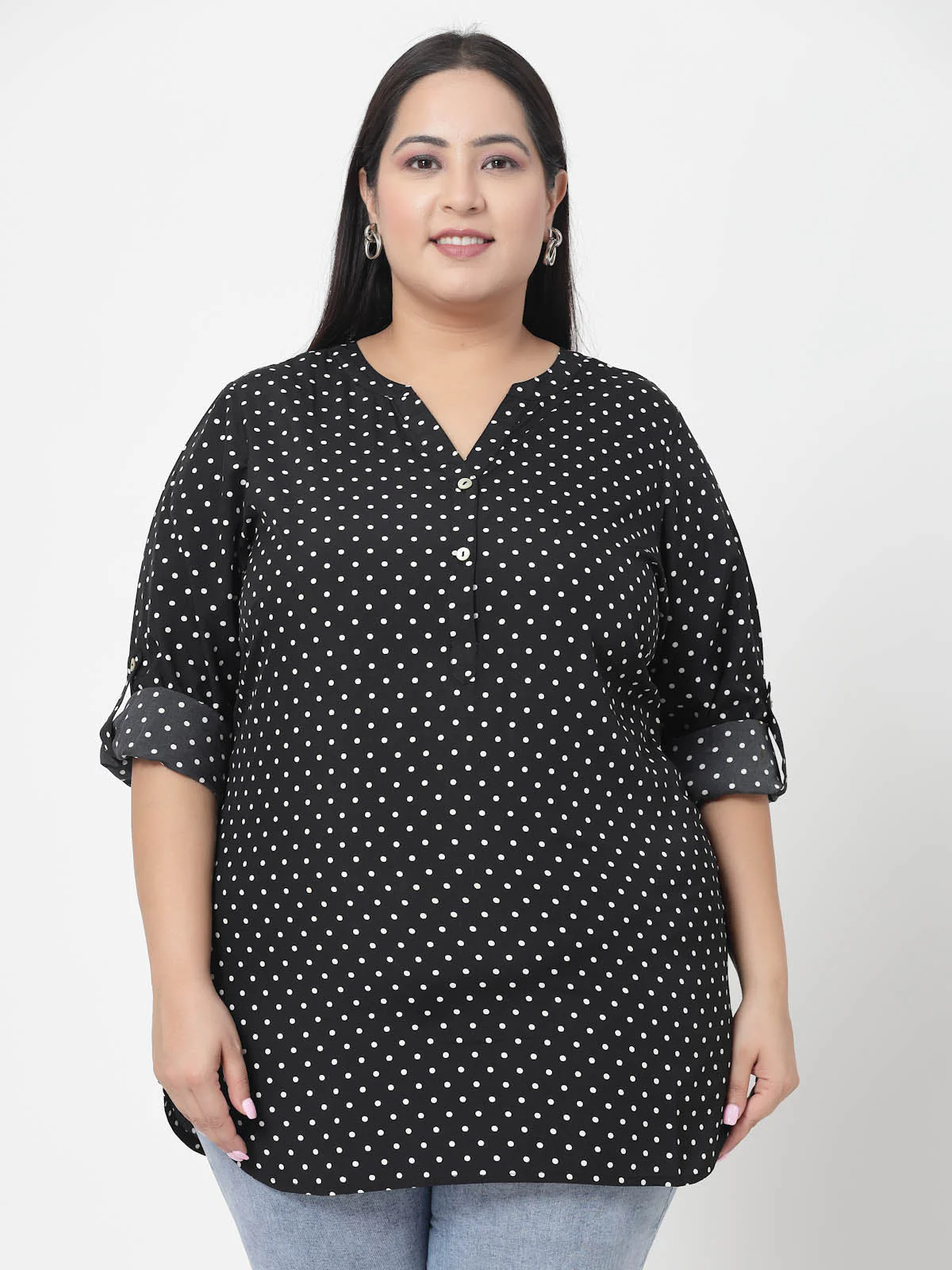 Plus Size Black Polka Dots Printed Longline Top
