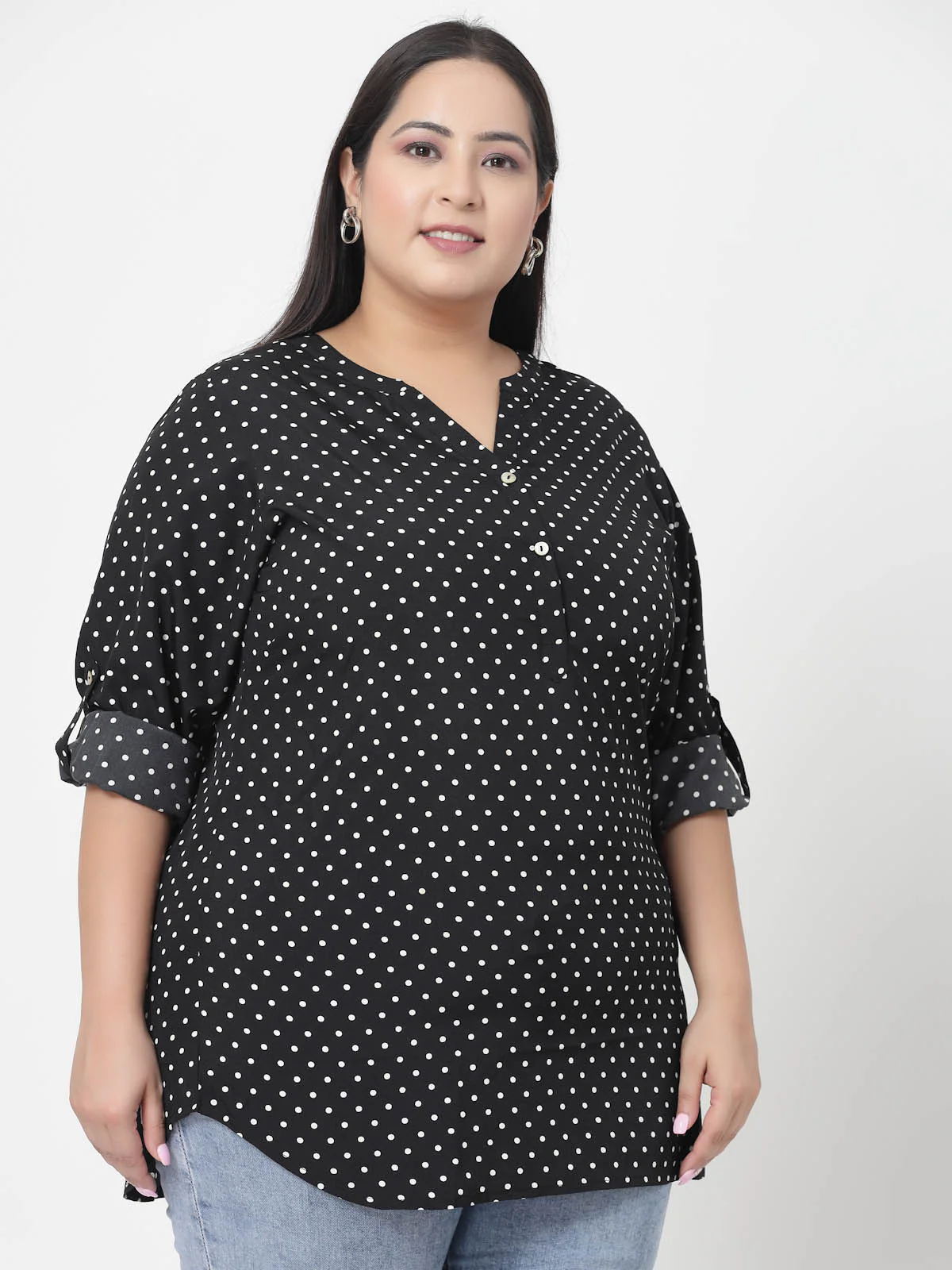 Plus Size Black Polka Dots Printed Longline Top - Image 2