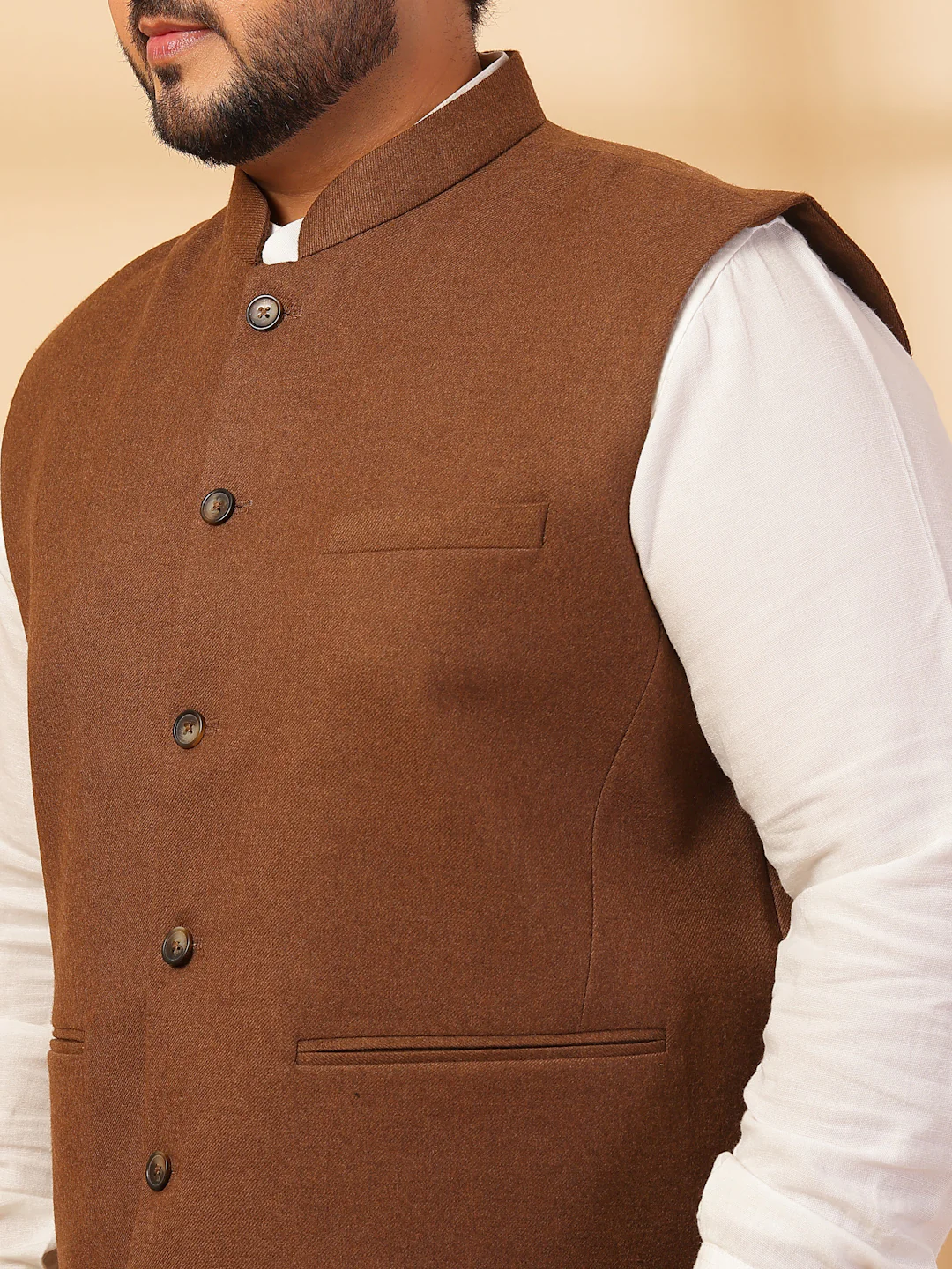 Plus Size Mandarin Collar Solid Woven Nehru Jacket - Image 5