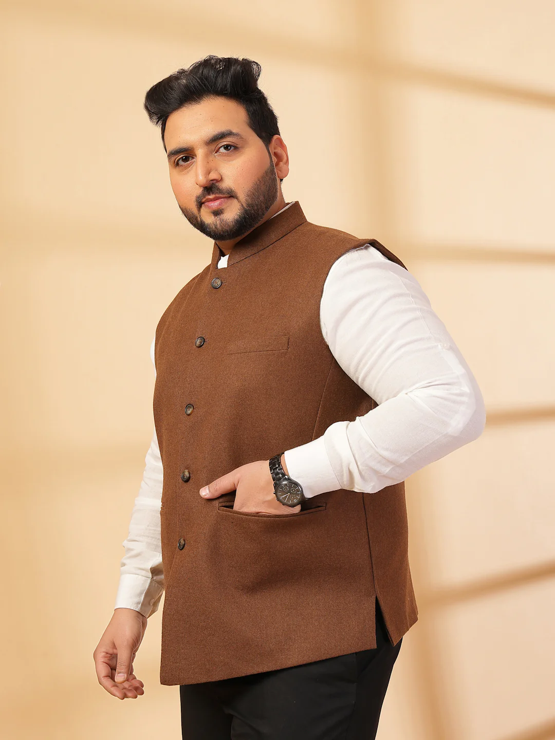 Plus Size Mandarin Collar Solid Woven Nehru Jacket - Image 6