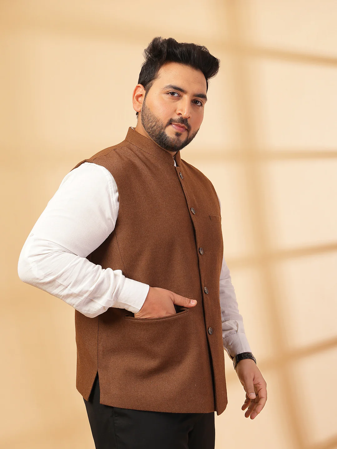 Plus Size Mandarin Collar Solid Woven Nehru Jacket - Image 7