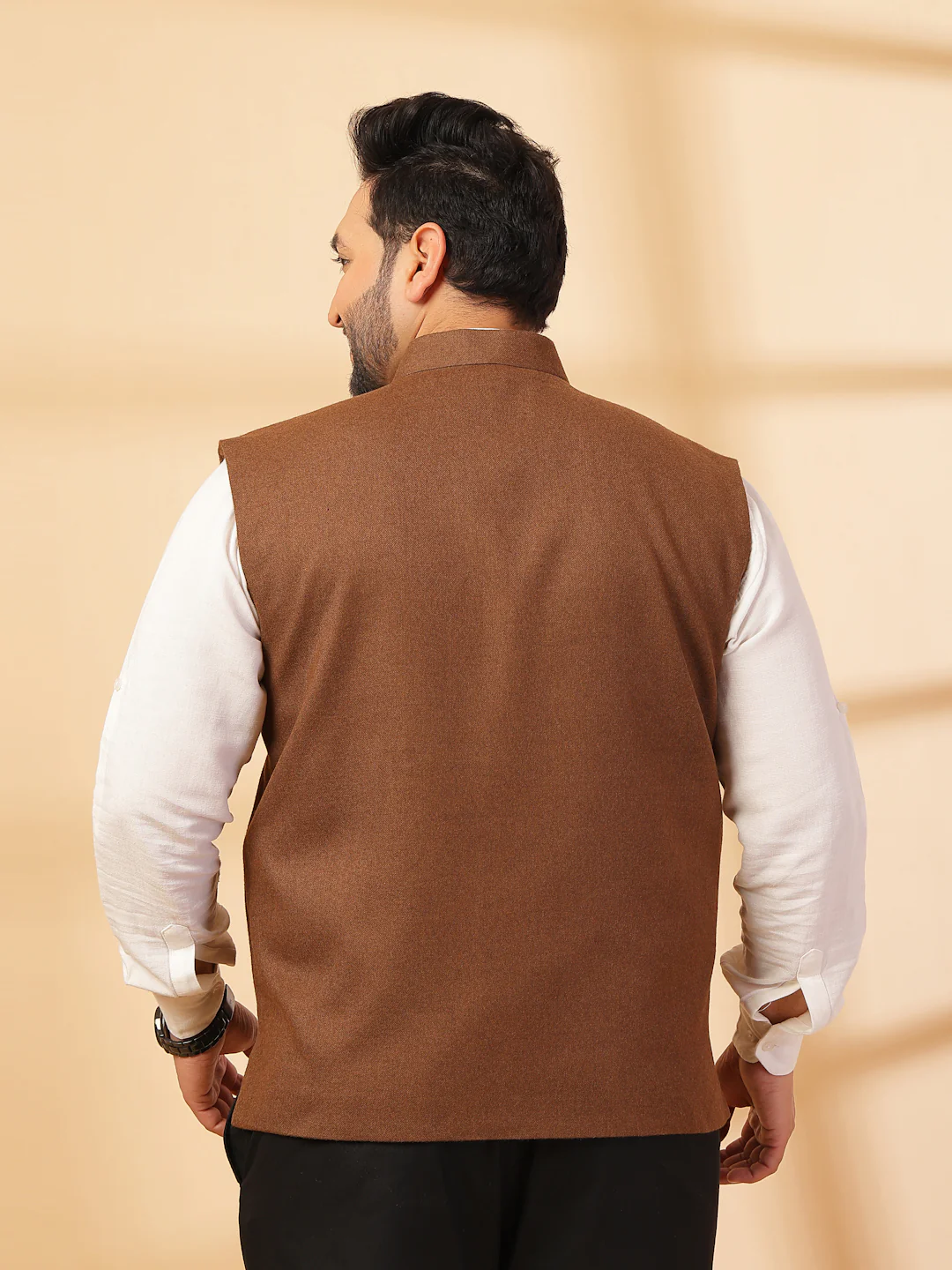 Plus Size Mandarin Collar Solid Woven Nehru Jacket - Image 8