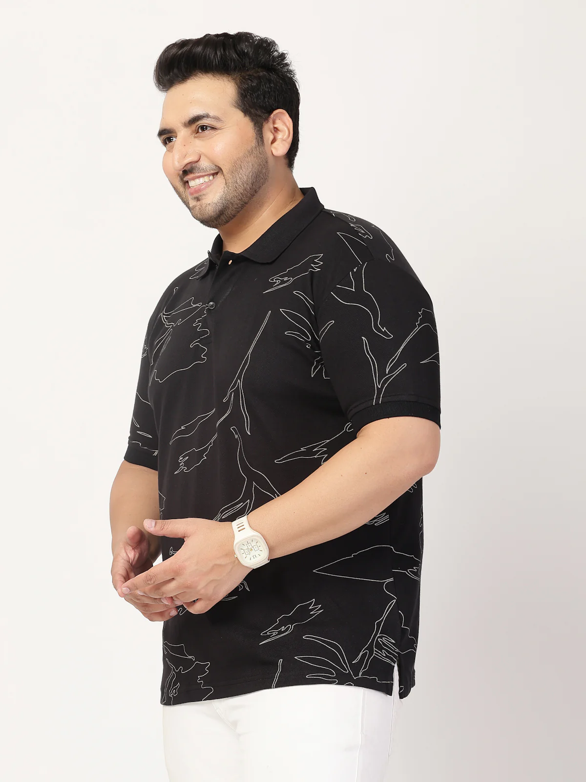 Plus Size Men Abstract Printed Polo Collar Cotton T-shirt - Image 5