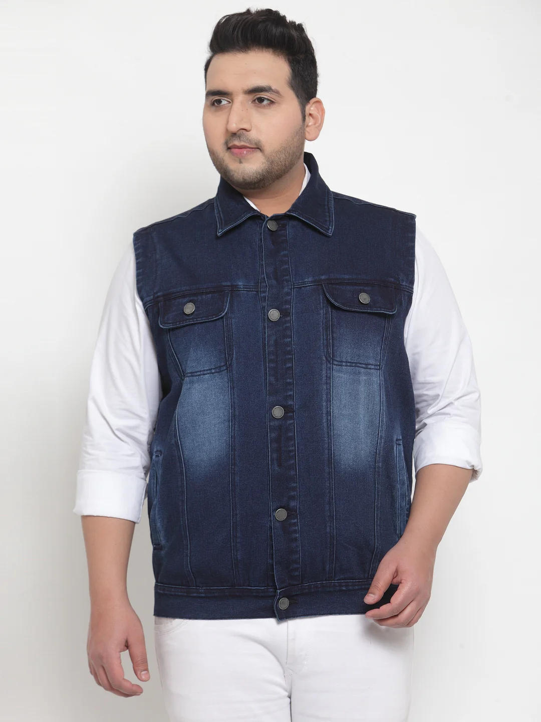 Plus Size Men Blue Solid Denim Jacket