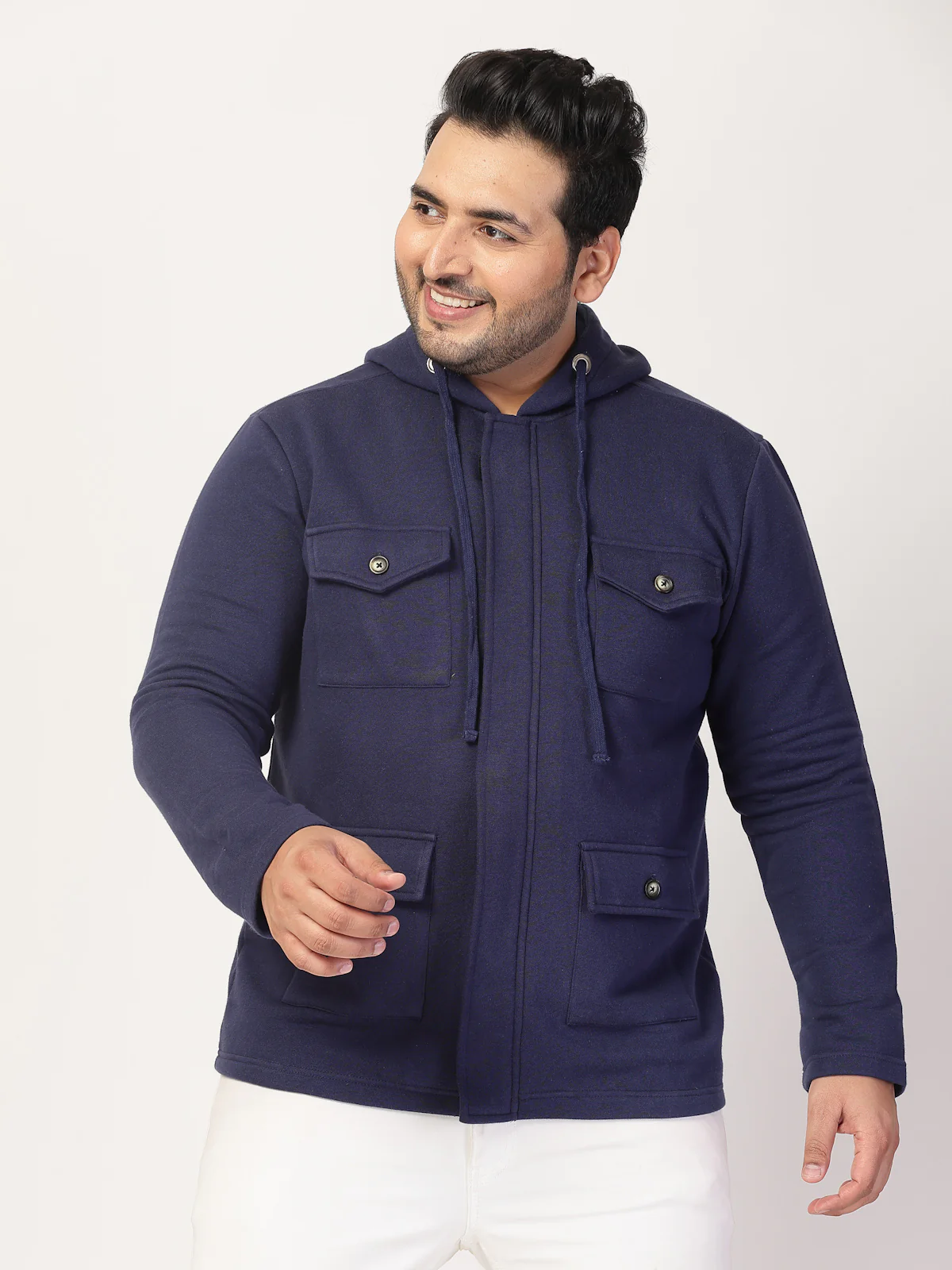 Plus Size Men Geometric Striped Fleece Longline Tailored Jacket
