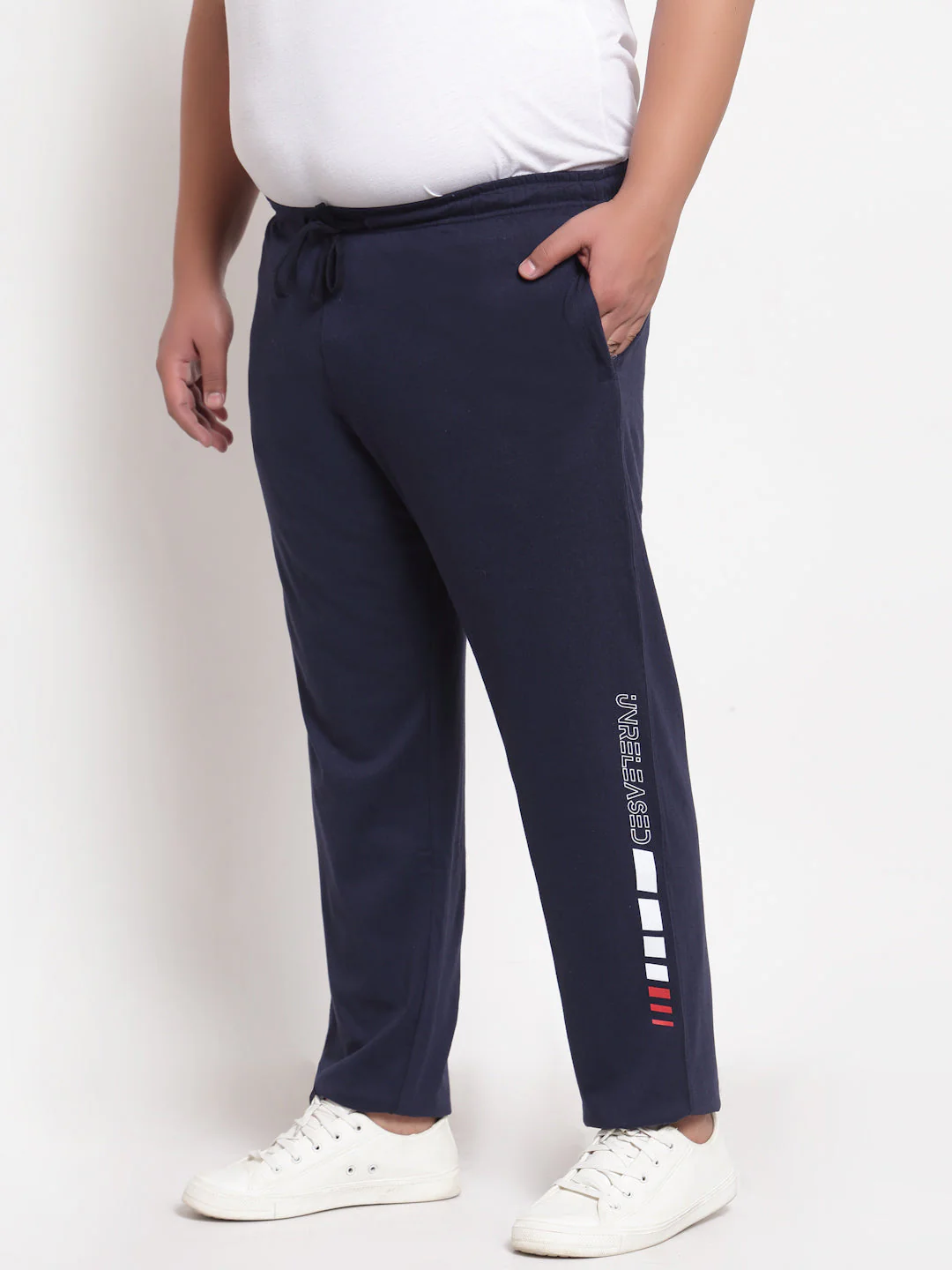 Plus Size Men Navy Blue Solid Straight-Fit Cotton Track Pants