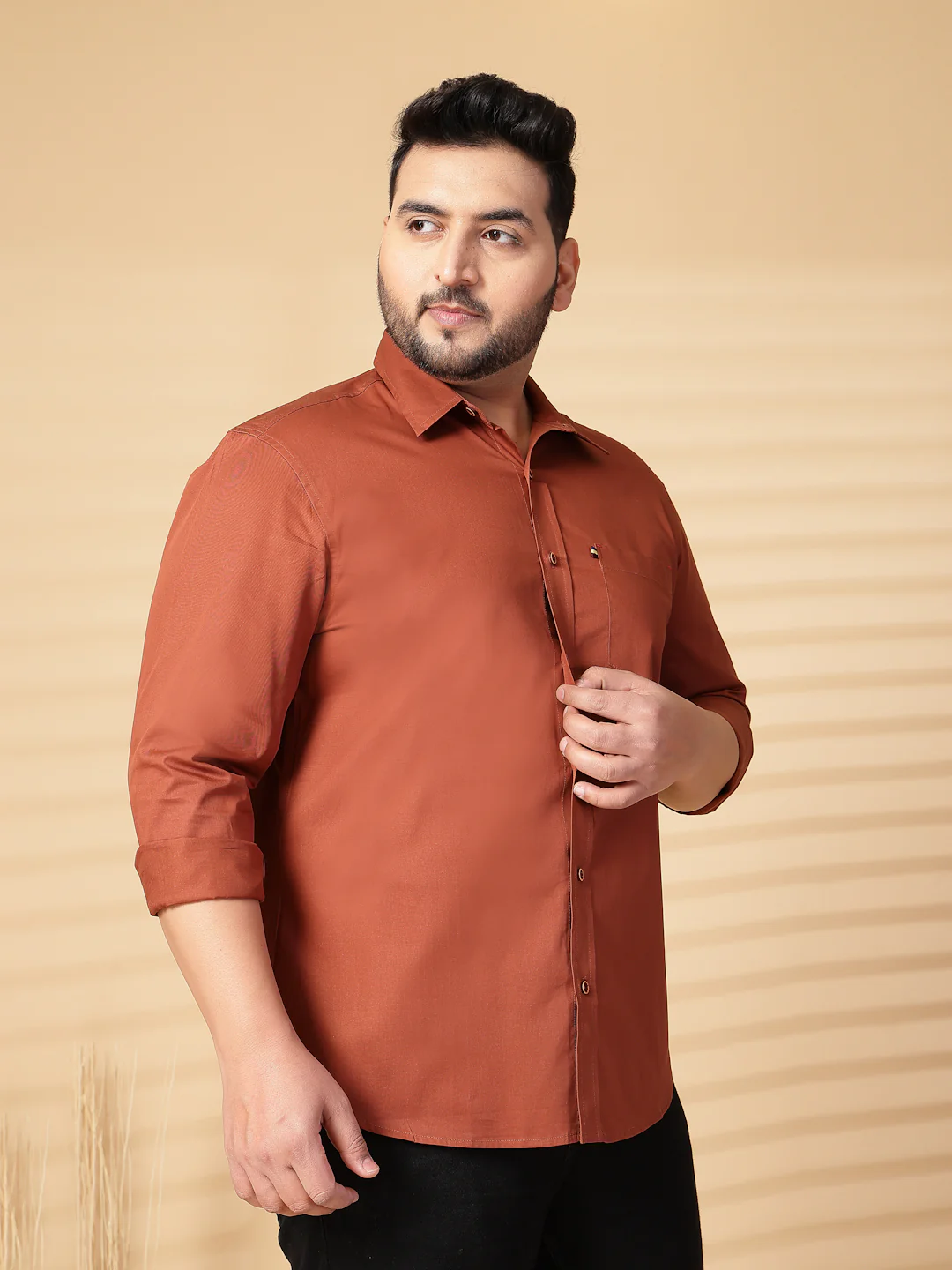 Plus Size Men  Oversized Fit Spread Collar Solid Cotton Casual Shirt - Image 5