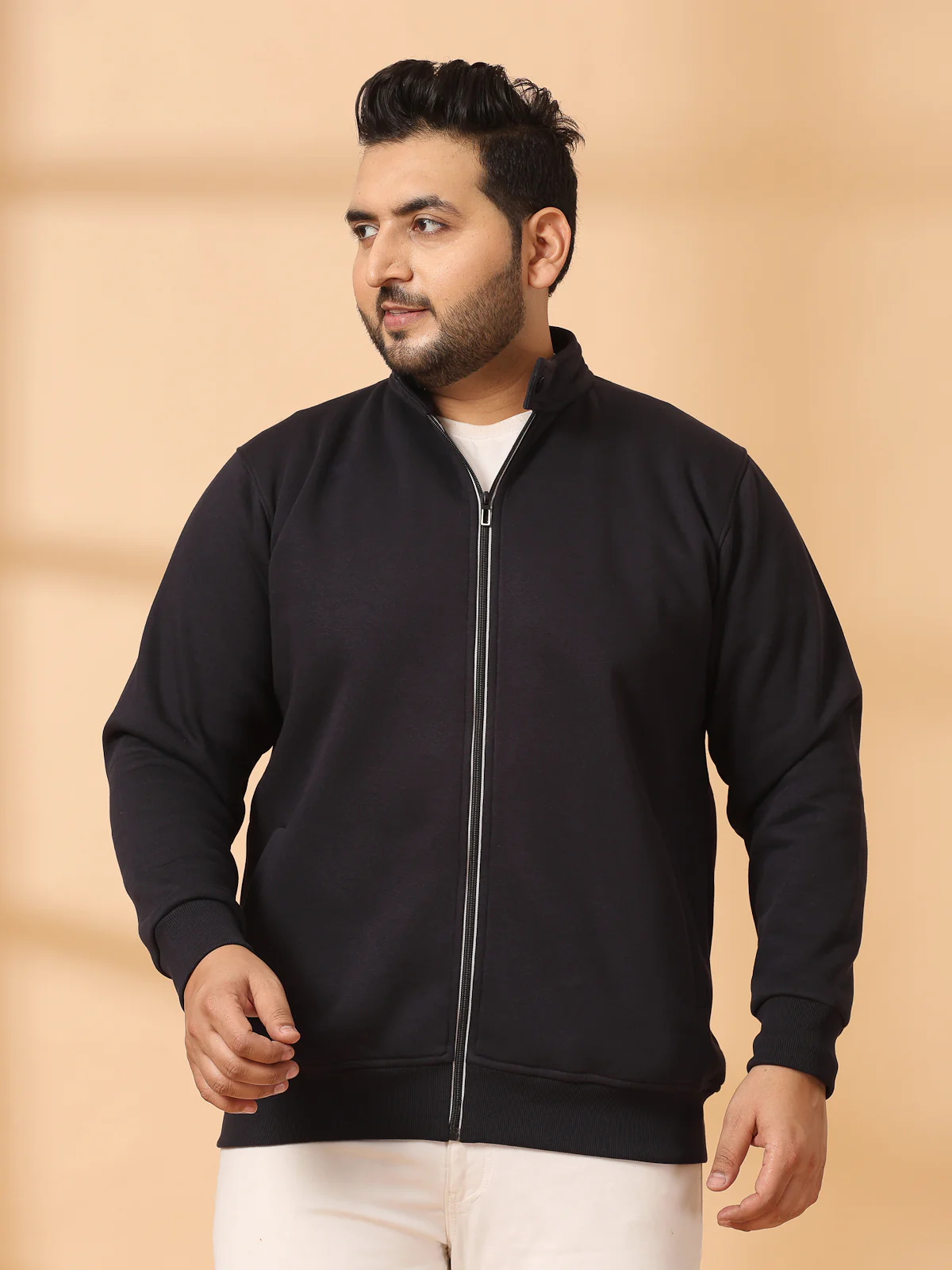 Plus Size Men Solid Cotton Front-Open Sweatshirt - Image 3