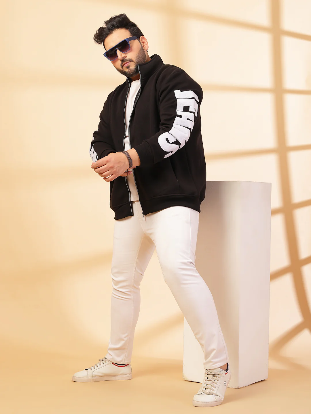 Plus Size Men Solid High Neck Cotton Front-Open Sweatshirt - Image 3