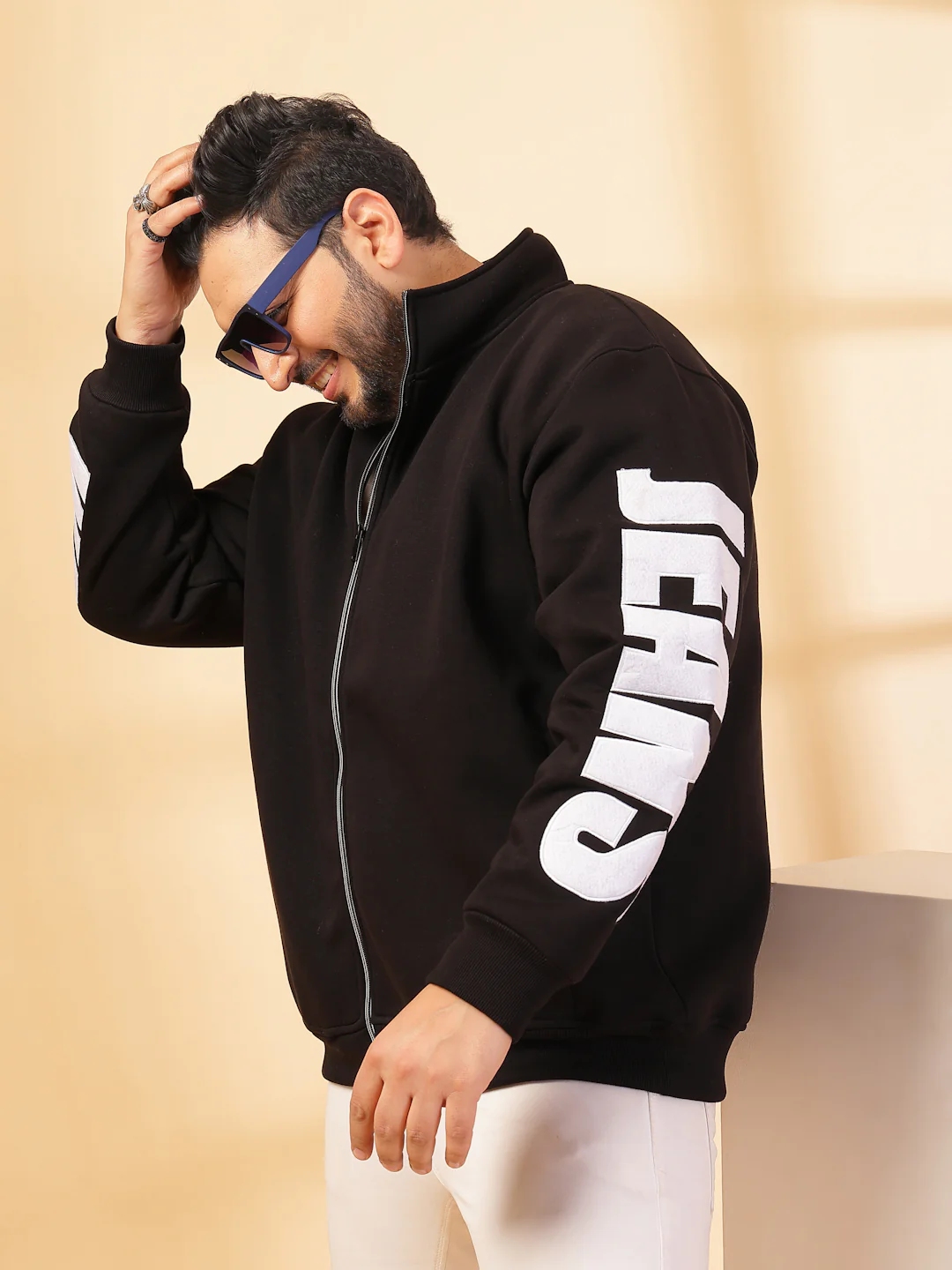 Plus Size Men Solid High Neck Cotton Front-Open Sweatshirt - Image 4