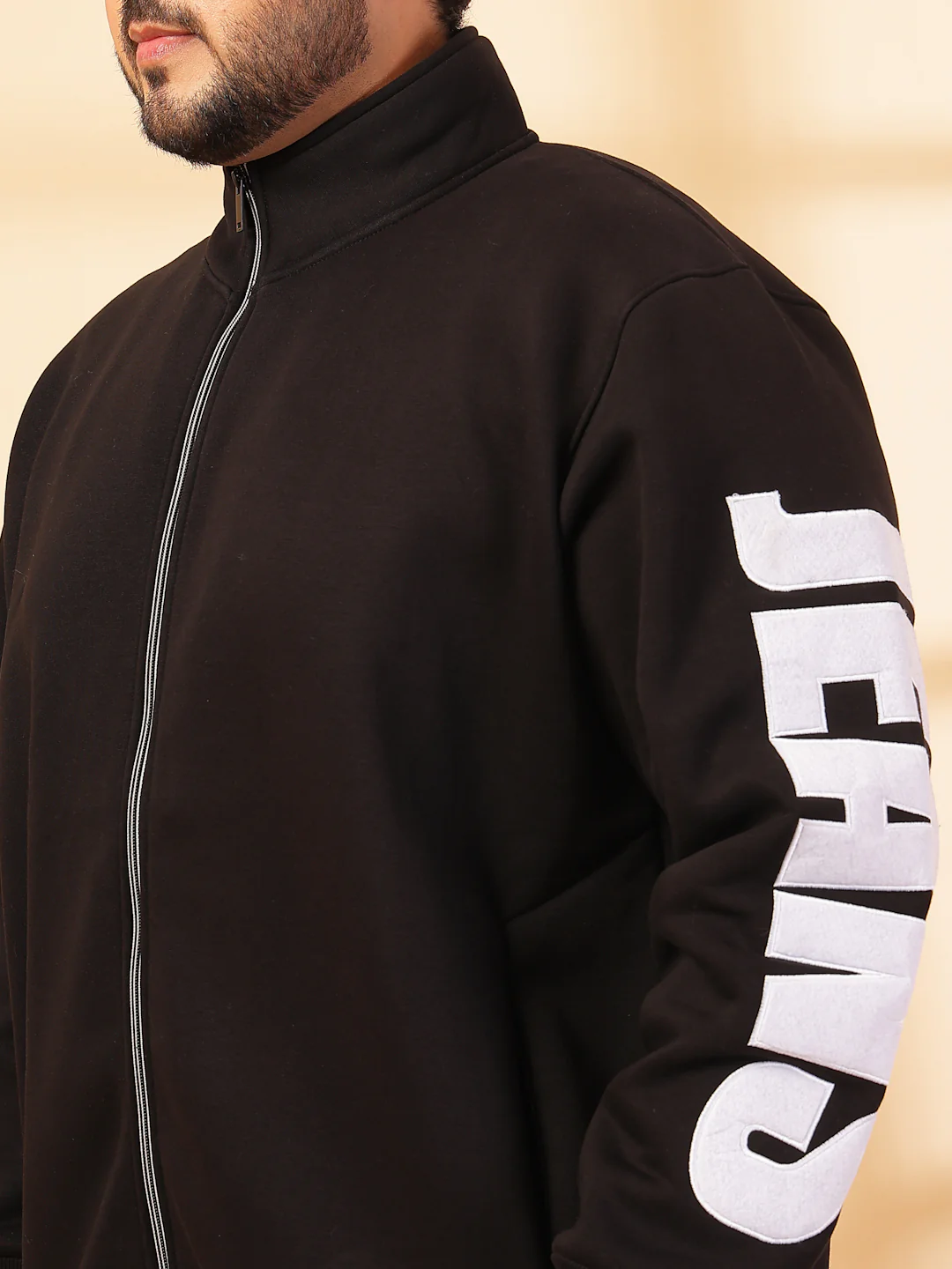 Plus Size Men Solid High Neck Cotton Front-Open Sweatshirt - Image 5
