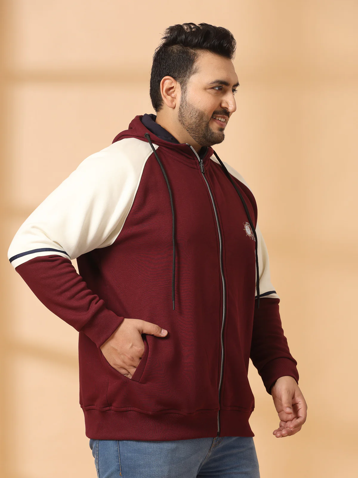 Plus Size Men Solid High Neck Cotton Front-Open Sweatshirt - Image 3