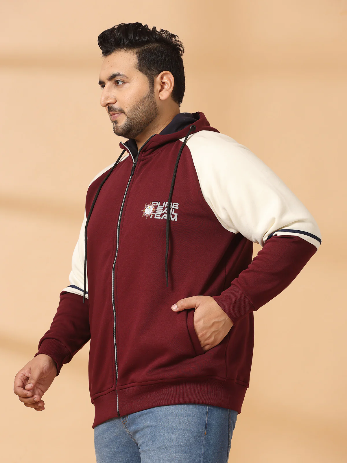 Plus Size Men Solid High Neck Cotton Front-Open Sweatshirt - Image 5