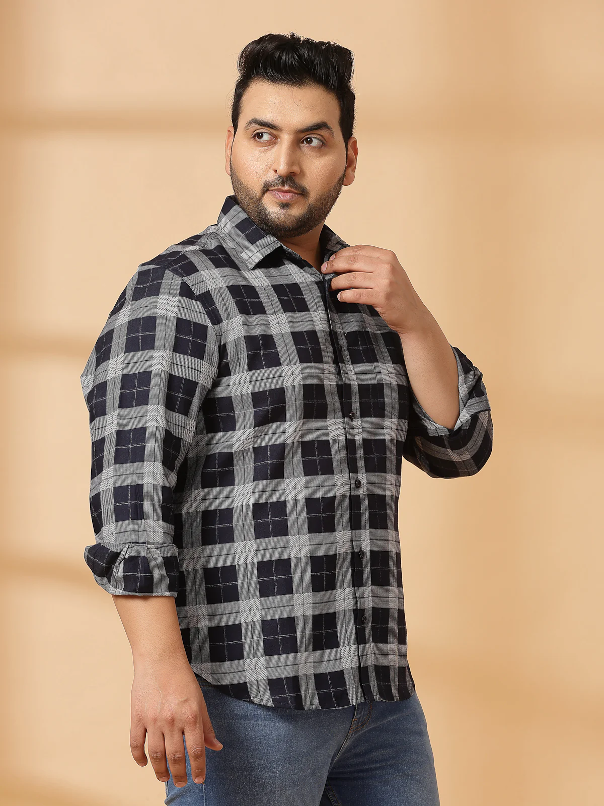 Plus Size Men Spread Collar Tartan Checked Cotton Casual Shirt - Image 4