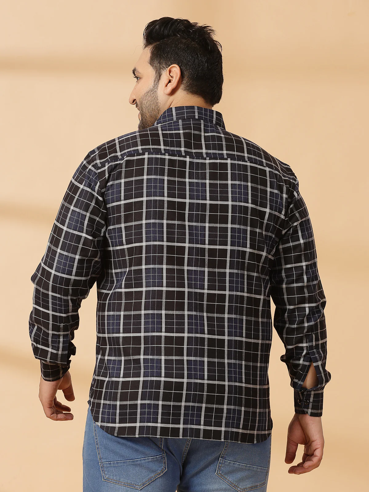 Plus Size Men Spread Collar Tartan Checked Cotton Casual Shirt - Image 2