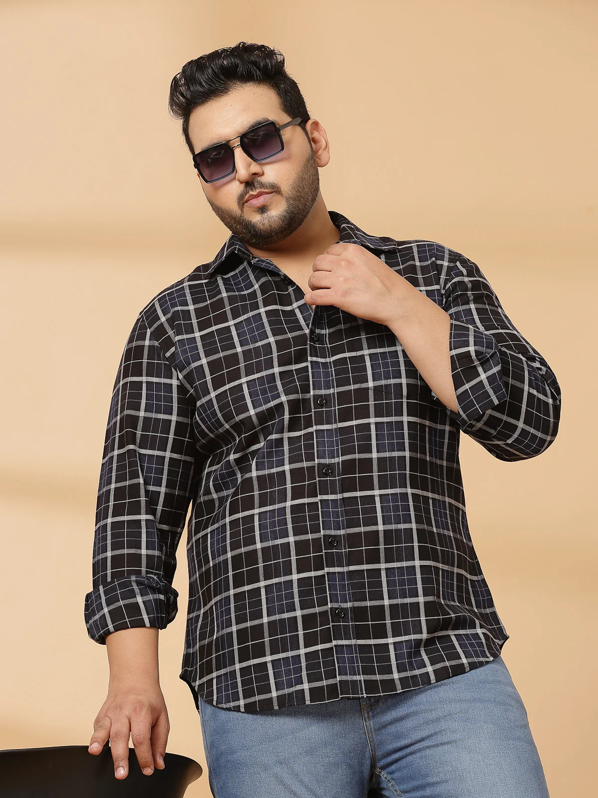 Plus Size Men Spread Collar Tartan Checked Cotton Casual Shirt - Image 8