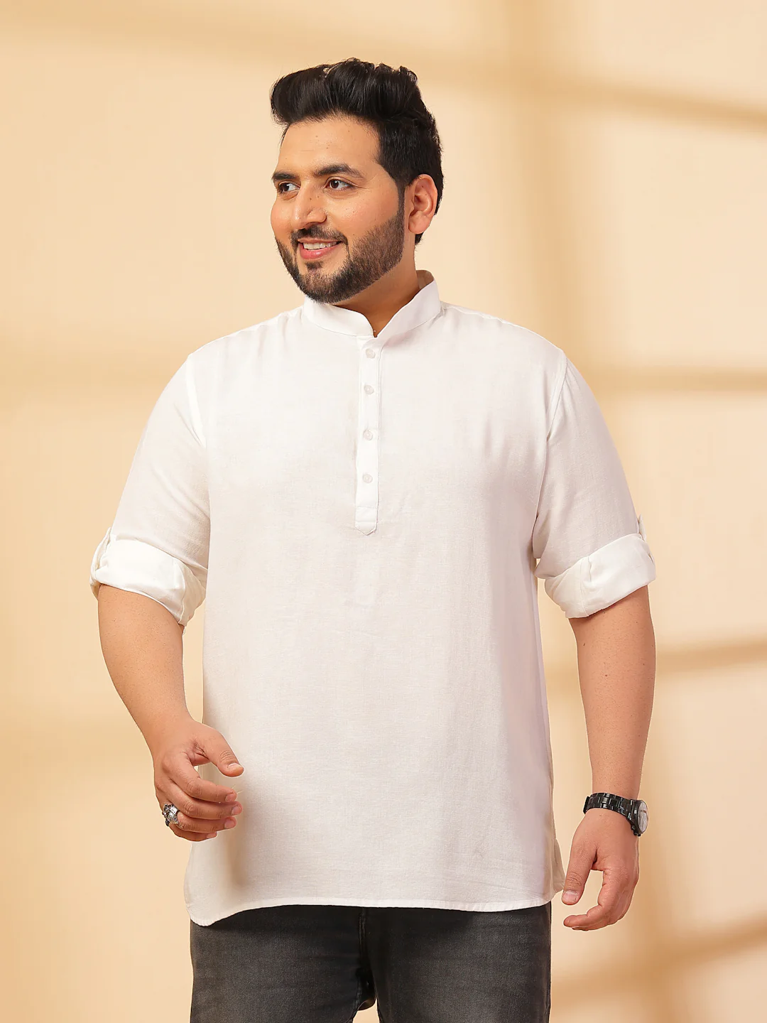 Plus Size Men White Yoke Design Patchwork Kurta