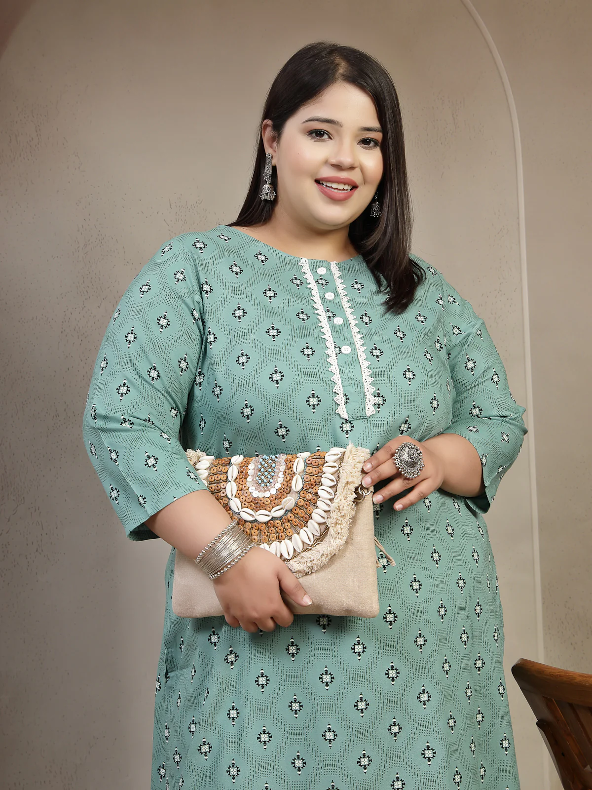 Plus Size Abstract Printed Thread Work Kurta - Image 6