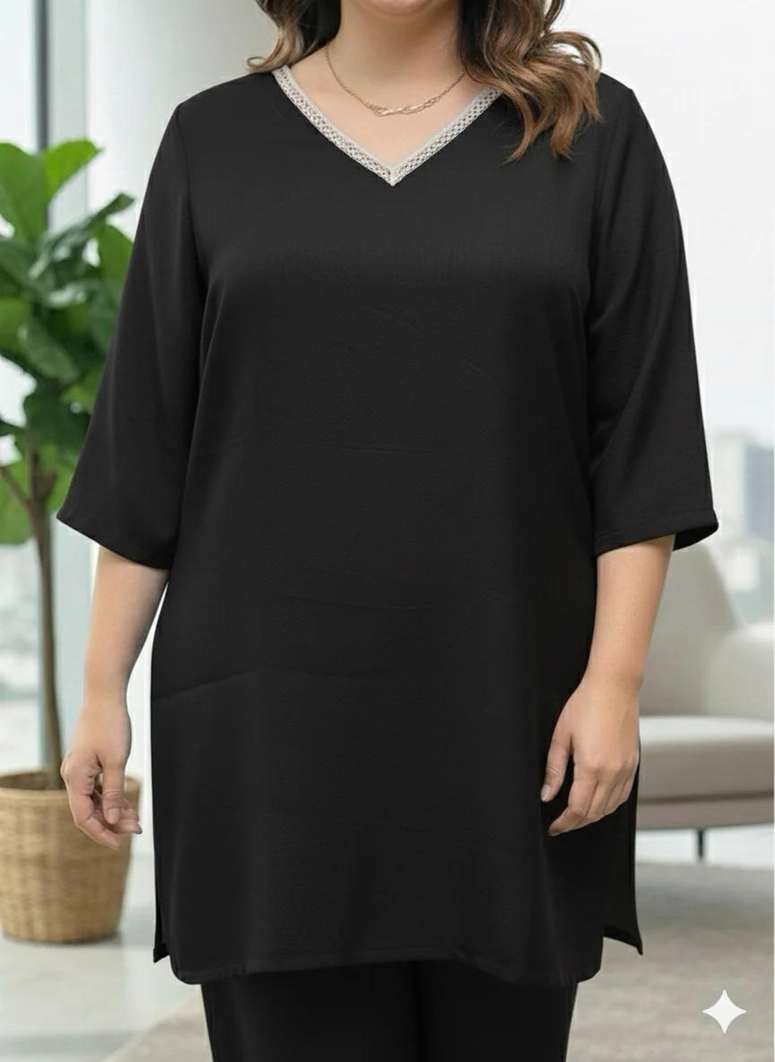 Plus Size Black Relaxed Fit Solid Tunic And Trousers - Image 5