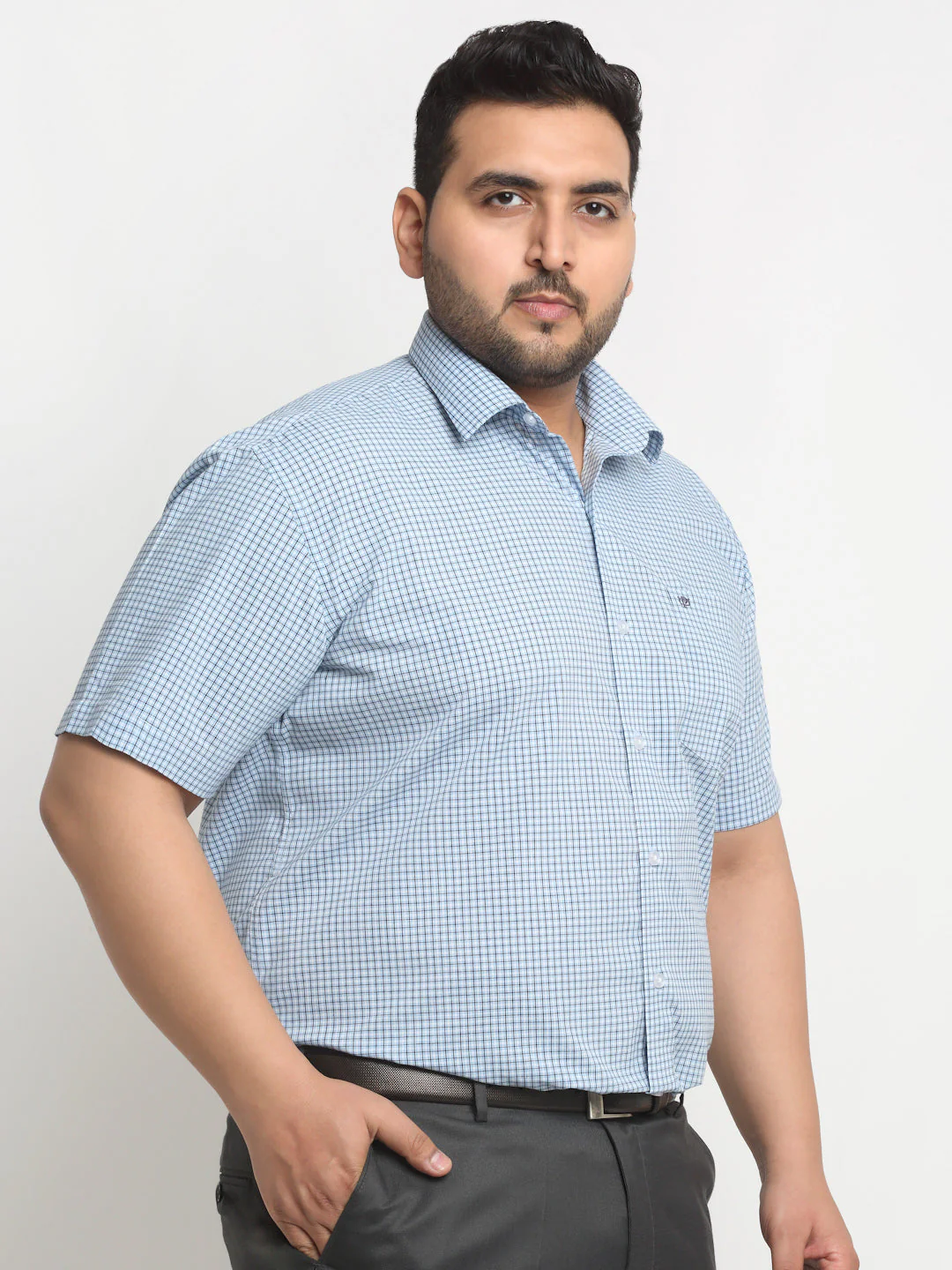 Plus Size  Blue Micro Checked Opaque Formal Shirt - Image 3