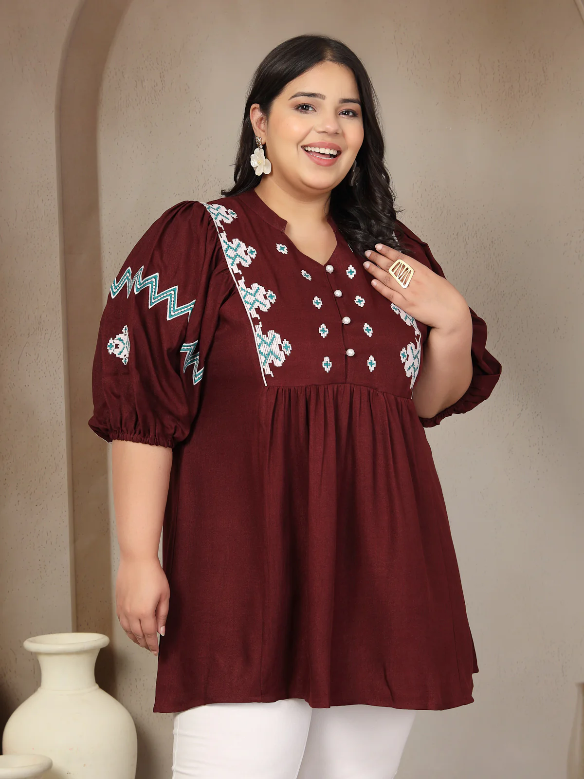 Plus Size Embroidered Puff Sleeve Ethnic Top - Image 4
