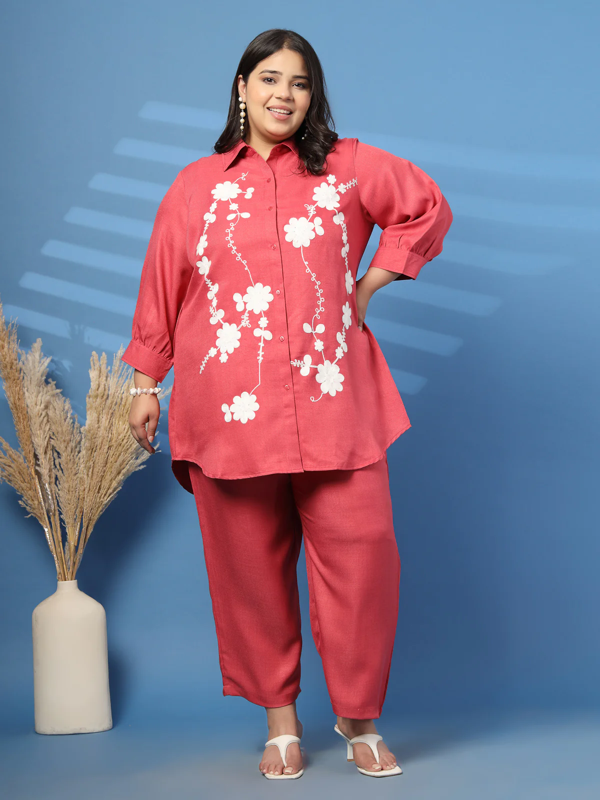 Plus Size Embroidered Spread Collar Shirt & Trouser - Image 3