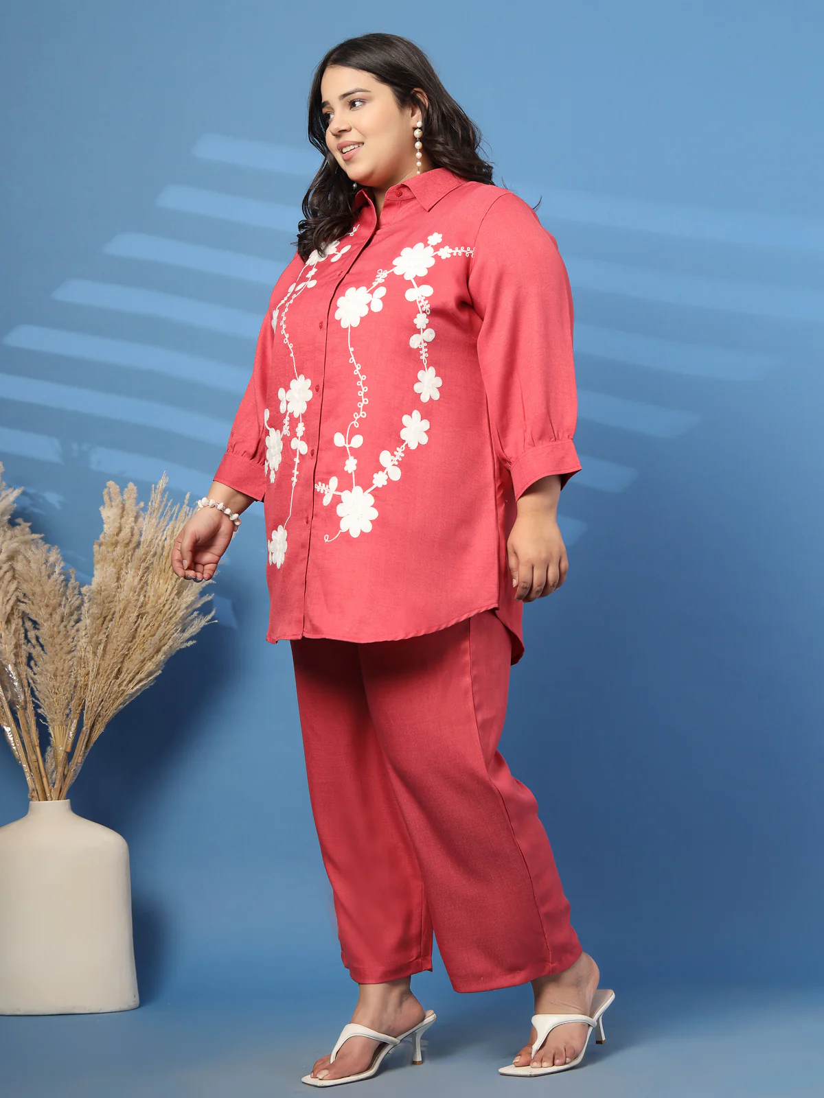 Plus Size Embroidered Spread Collar Shirt & Trouser - Image 5