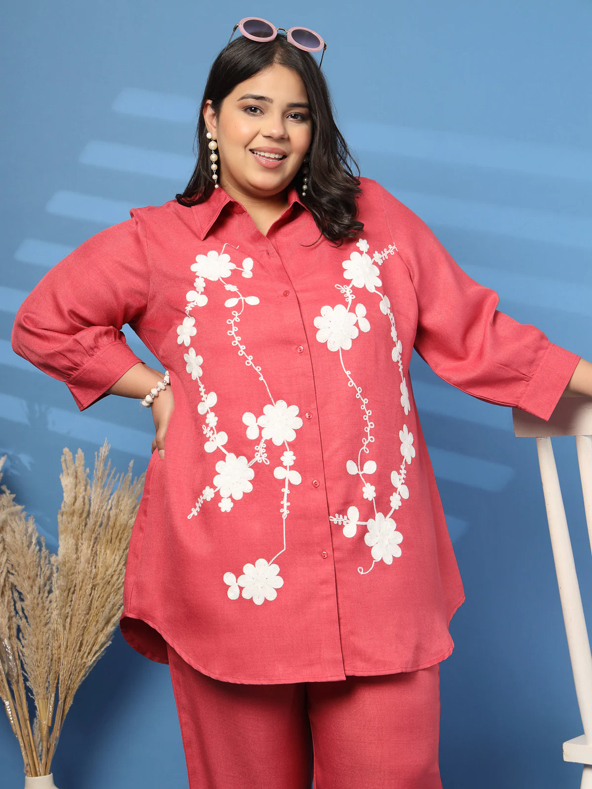 Plus Size Embroidered Spread Collar Shirt & Trouser - Image 8