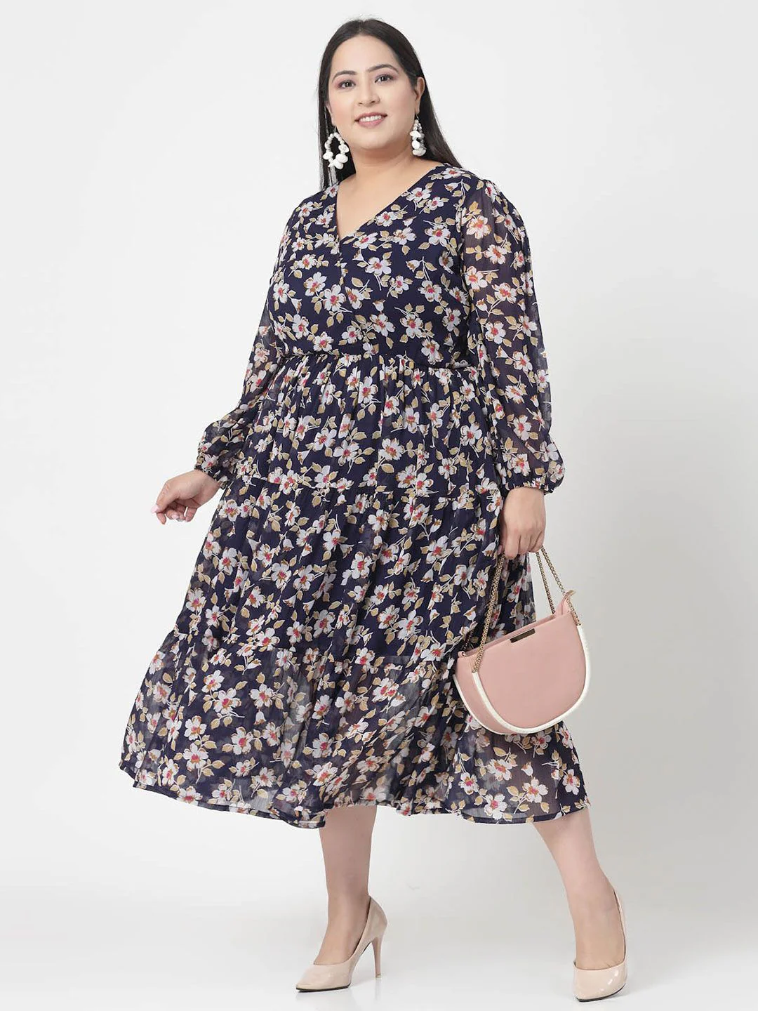 Plus Size Floral Print V-Neck Fit & Flare Midi Dress - Image 6