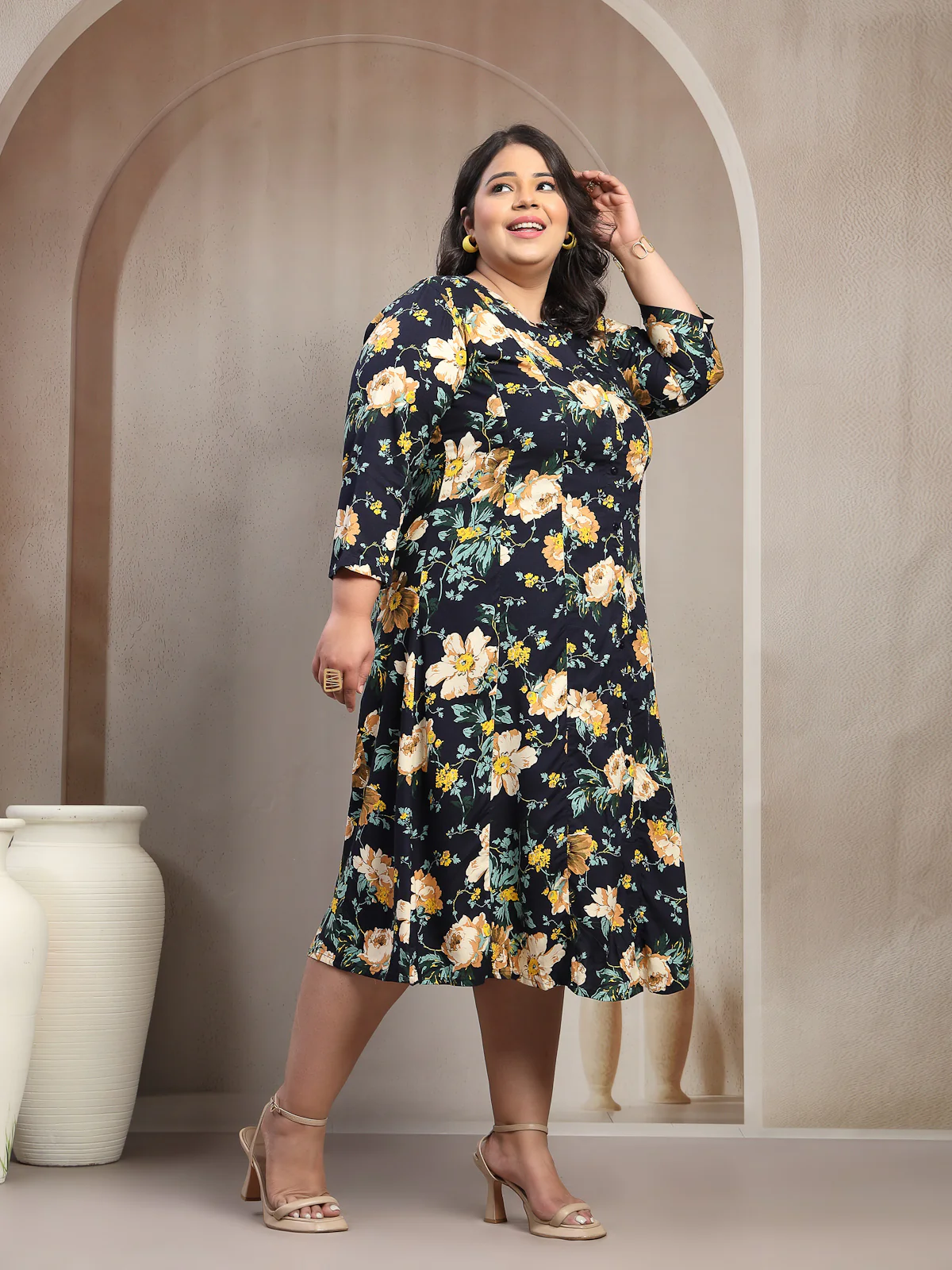 Plus Size Floral Printed Mandarin Collar Shirt Dress - Image 4