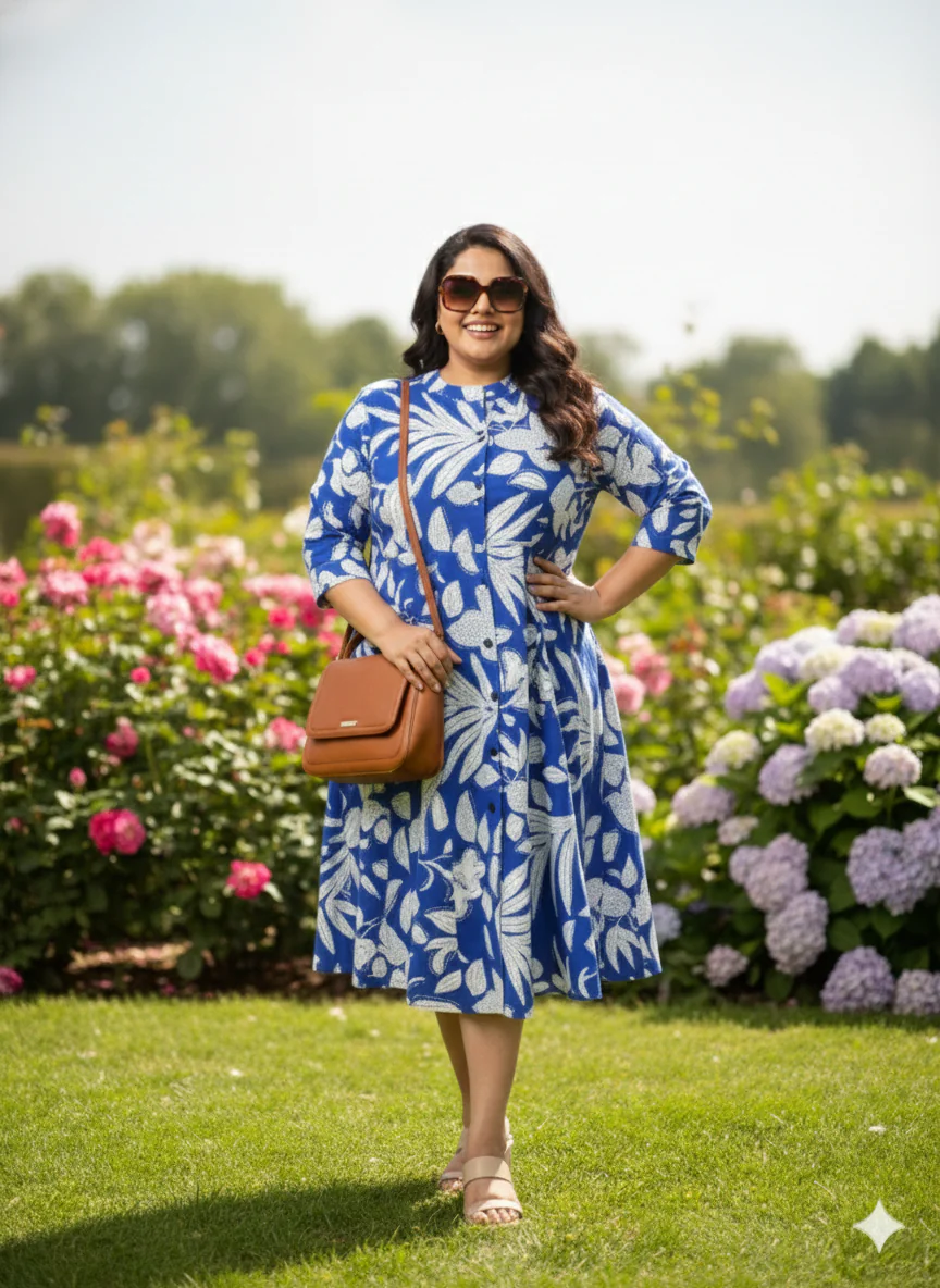 Plus Size Floral Printed Round Neck Midi Dress