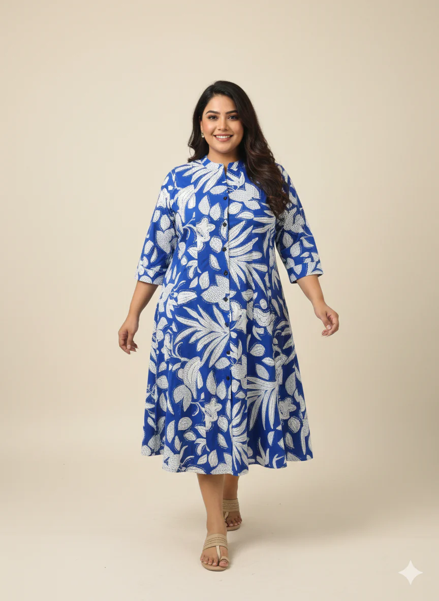 Plus Size Floral Printed Round Neck Midi Dress - Image 2