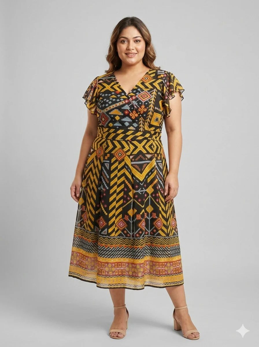Plus Size Flutter Sleeve Fit & Flare Midi Dress - Image 2