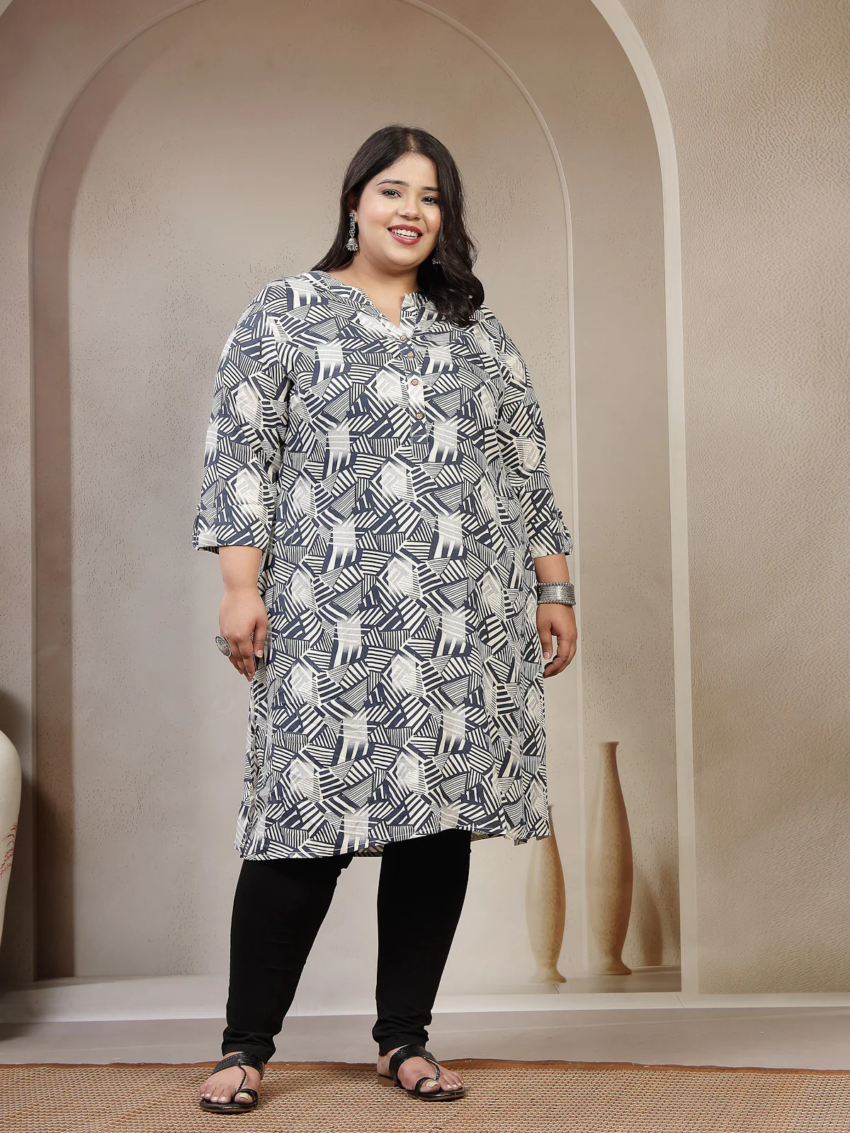 Plus Size Geometric Printed Mandarin Collar Thread Work Straight Kurta - Image 6