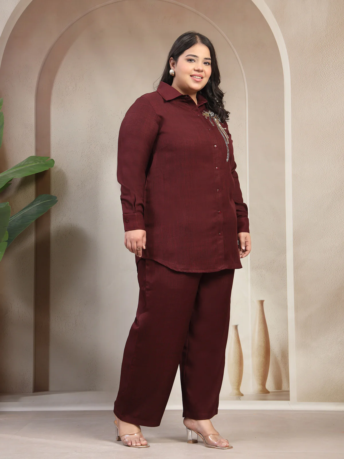 Plus Size Hand Embellishment Shirt Collar Long sleeves Trousers Co-Ords - Image 5