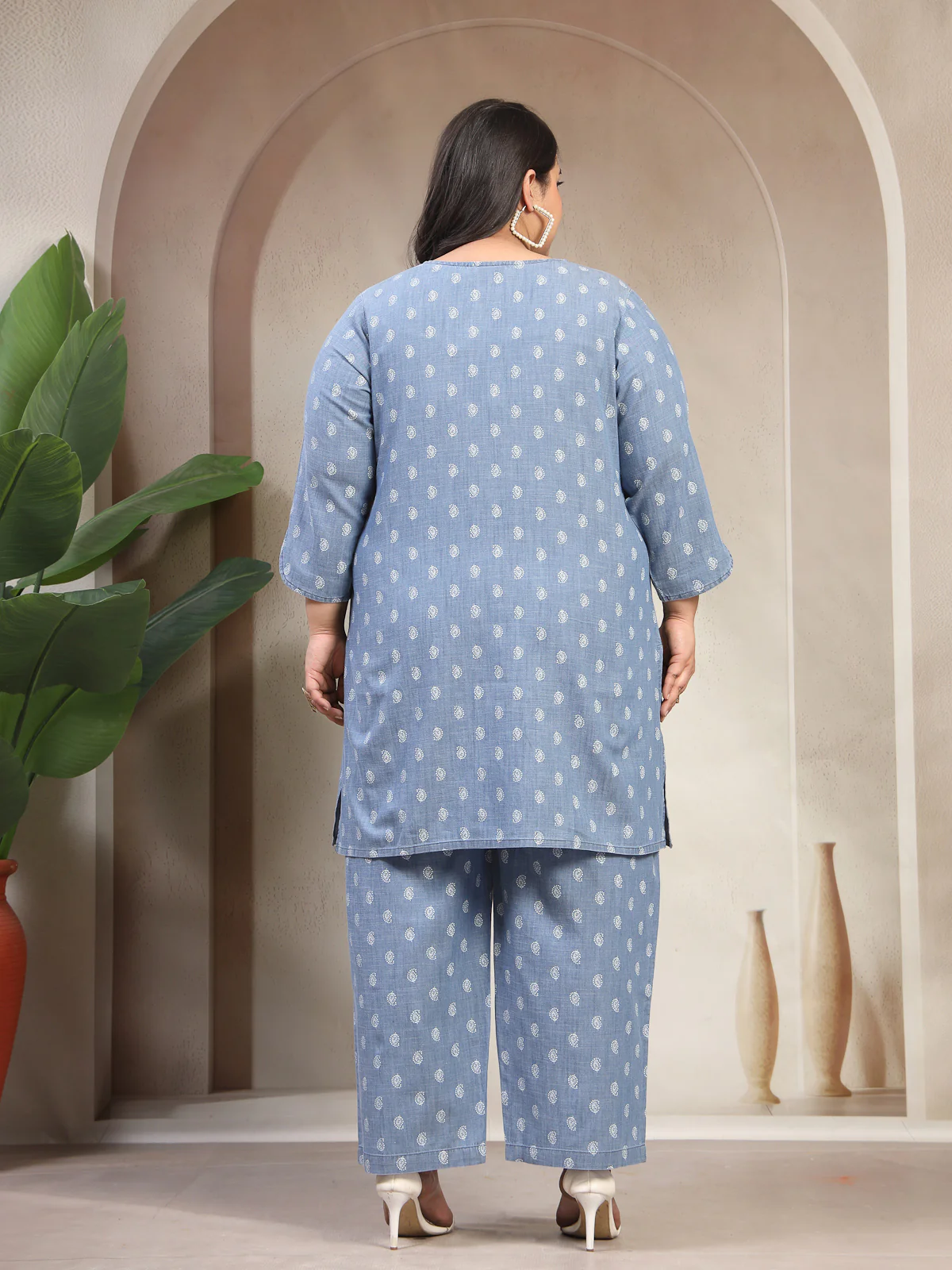 Plus Size Light Blue Mandarin Collar Cotton Denim Co-Ords Set - Image 3