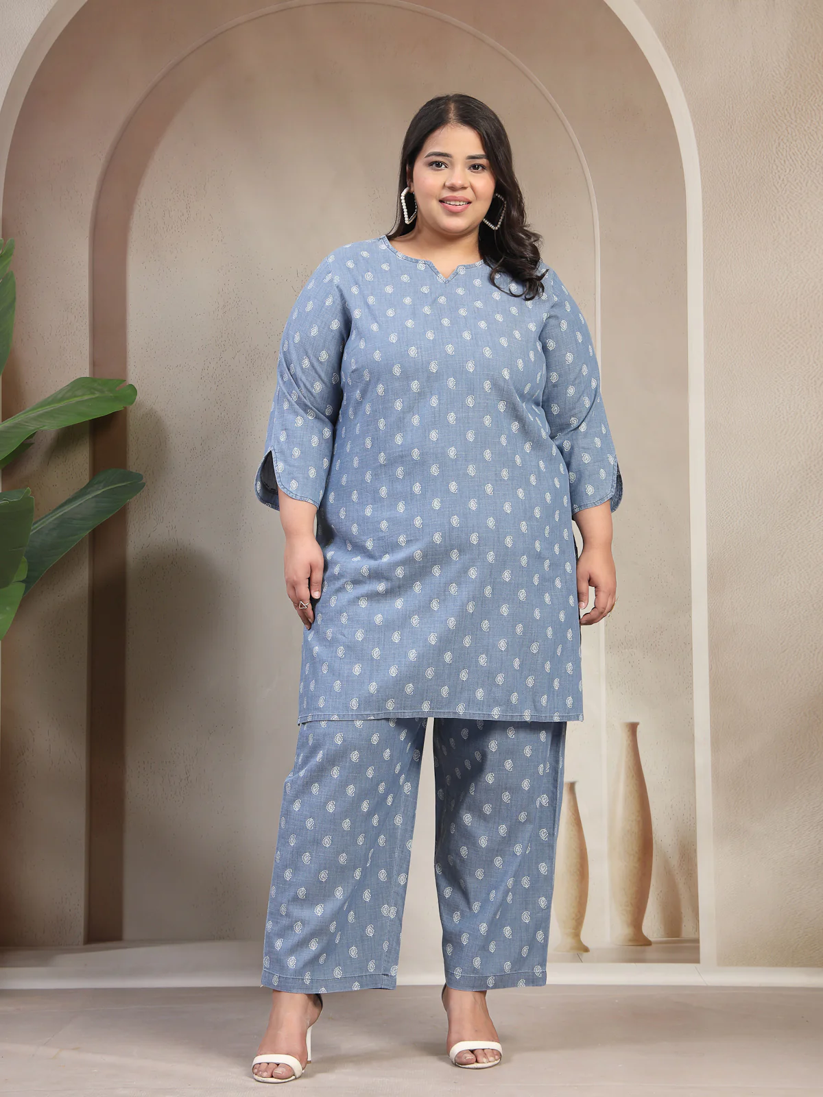 Plus Size Light Blue Mandarin Collar Cotton Denim Co-Ords Set - Image 4