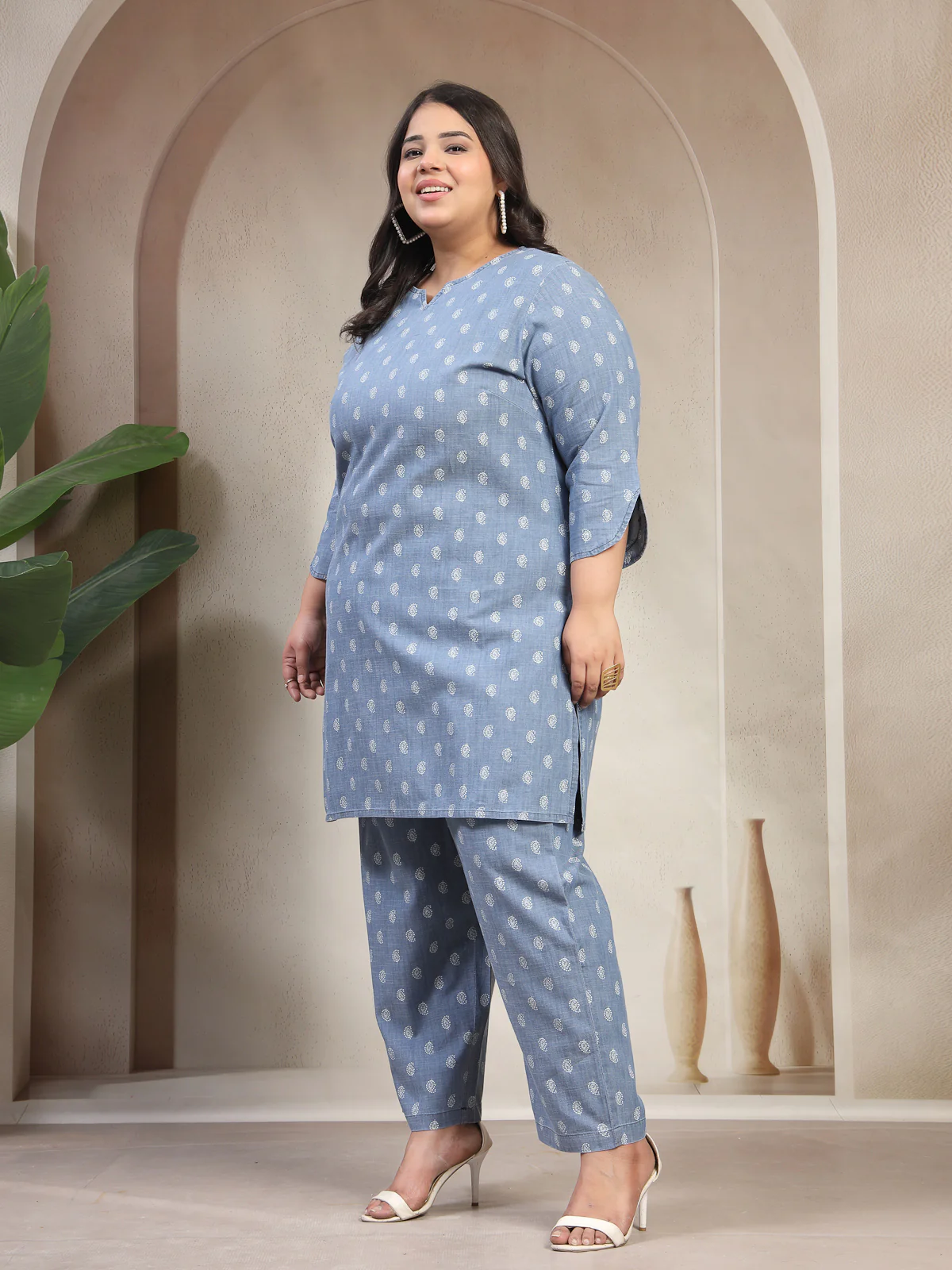 Plus Size Light Blue Mandarin Collar Cotton Denim Co-Ords Set - Image 6