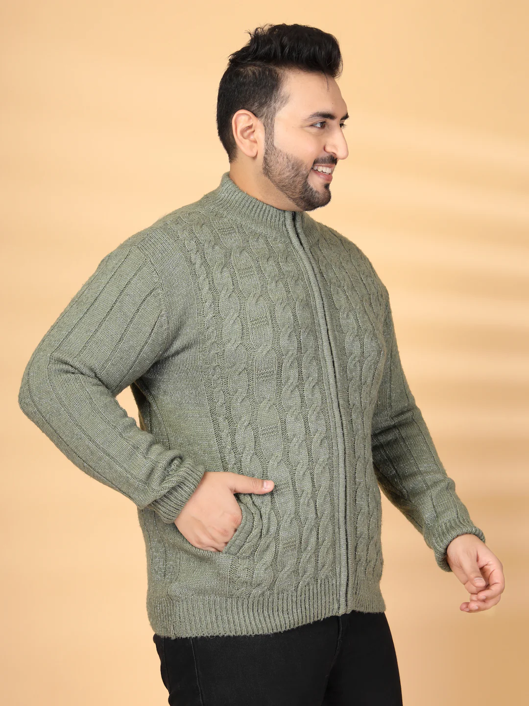 Plus Size Men Cable Knit High Neck Front-Open Sweater - Image 4