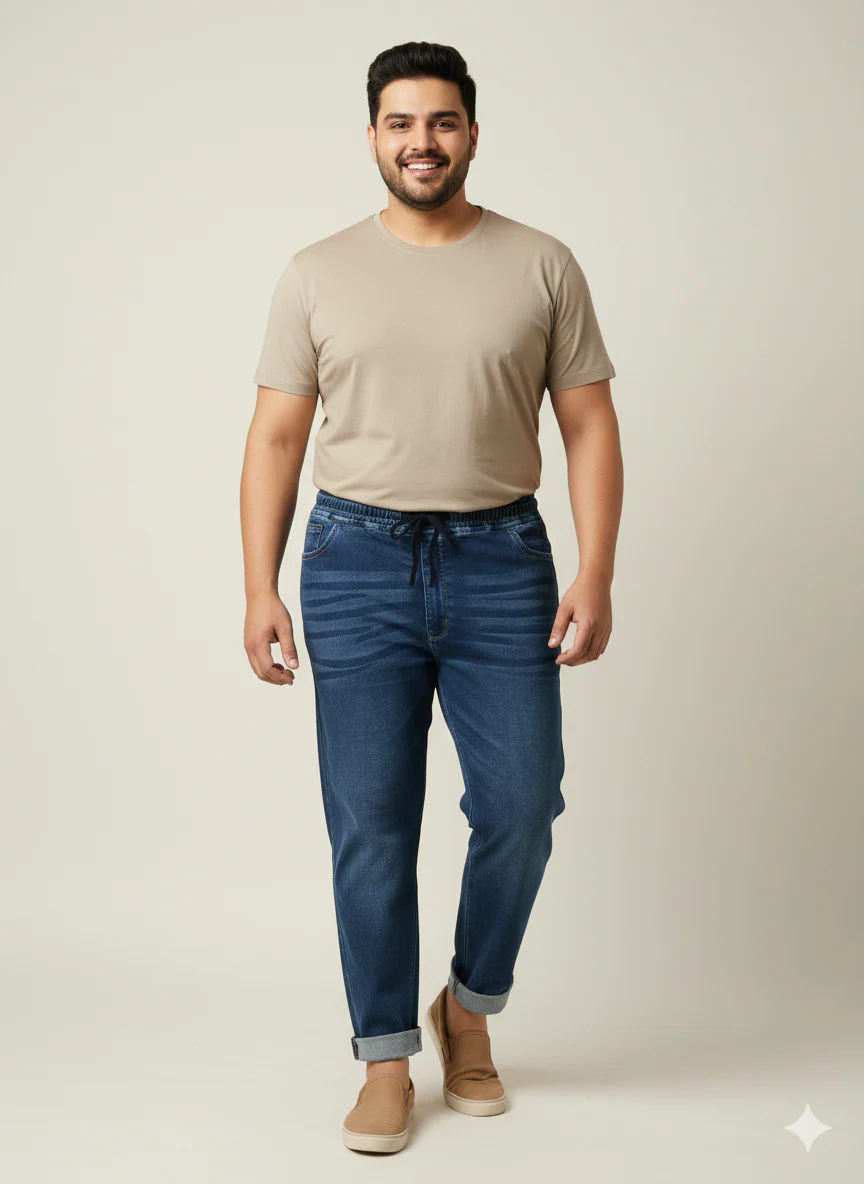 Plus Size Men Mid-Rise Relaxed Fit Clean Look Elasticated Waistband Casual Jeans - Image 5