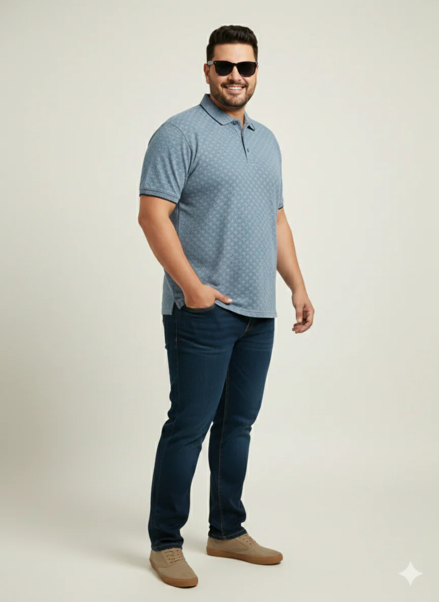Plus Size Men Denim Blue Polo Collar T-shirt - Image 16