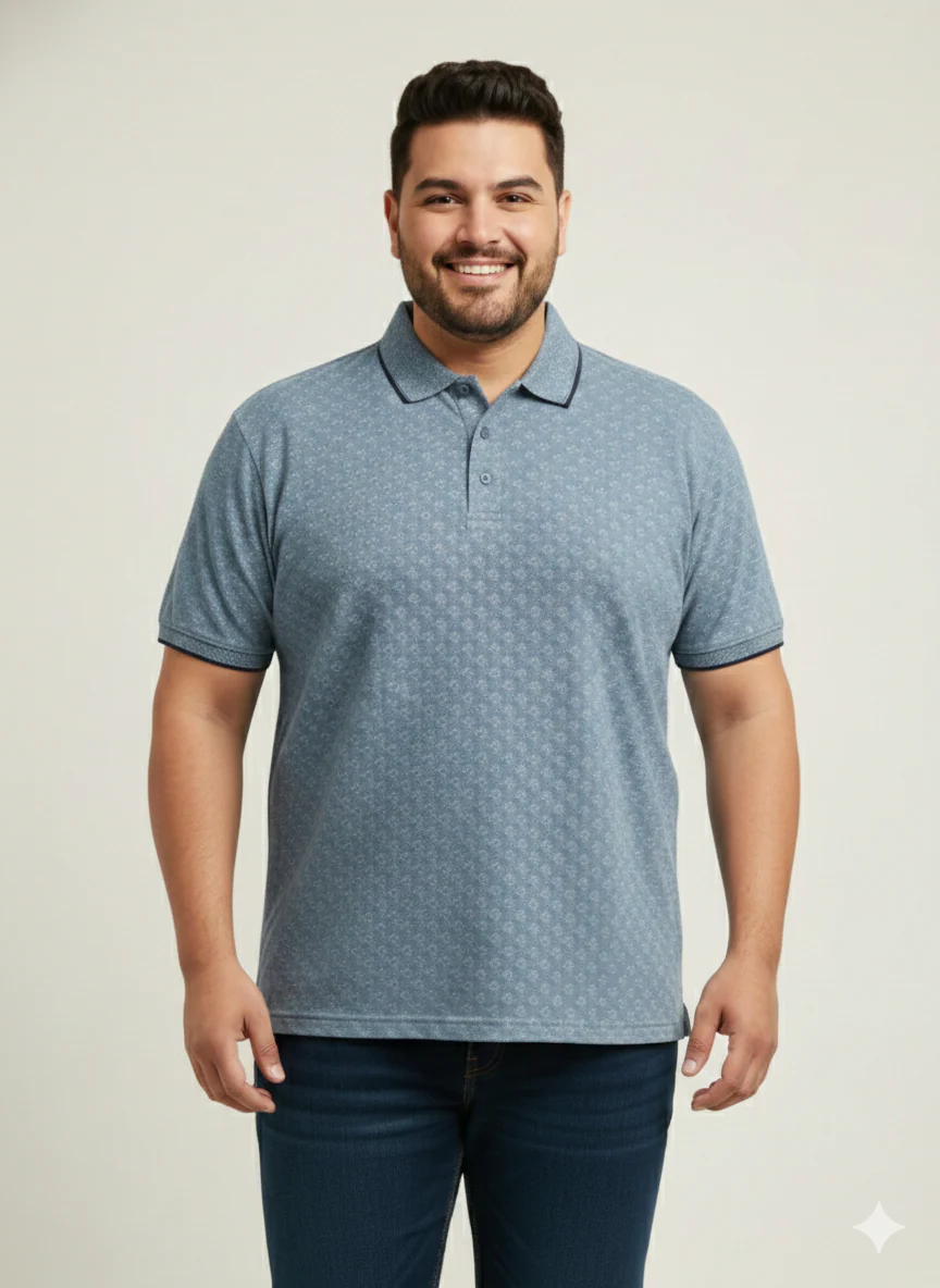 Plus Size Men Denim Blue Polo Collar T-shirt - Image 2