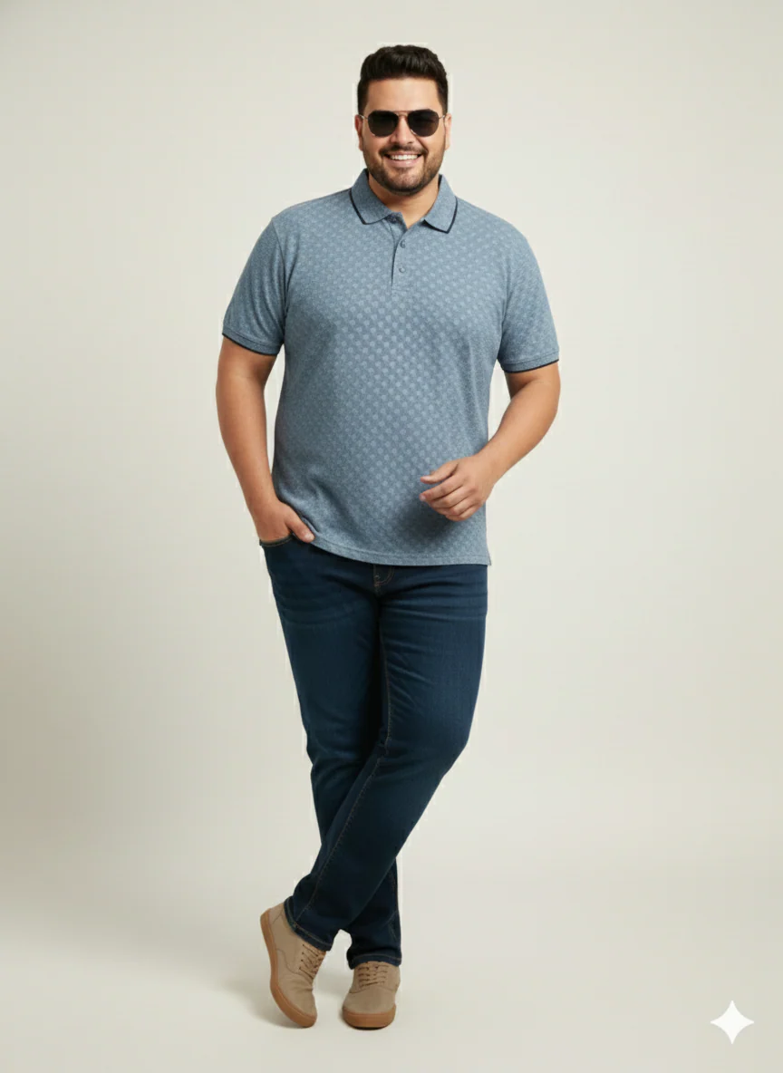 Plus Size Men Denim Blue Polo Collar T-shirt - Image 6
