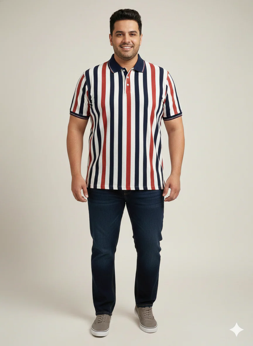 Plus Size Men Navy Red Striped Polo Collar T-shirt - Image 4