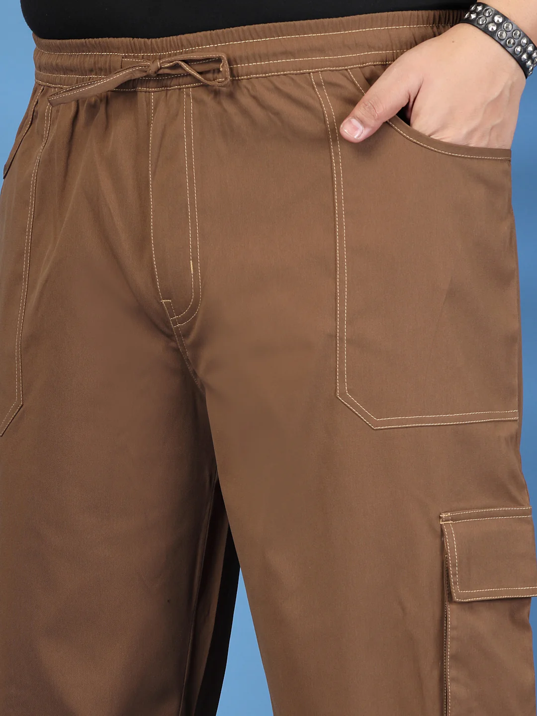 Plus Size Men Self-Checked Pure Cotton Relaxed Fit Cargos - Image 4