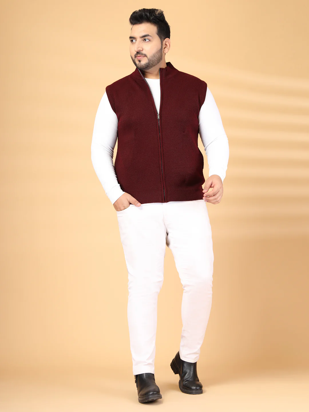 Plus Size Men Solid Sleeveless High Neck with Zip Detail Sweaters - Image 6