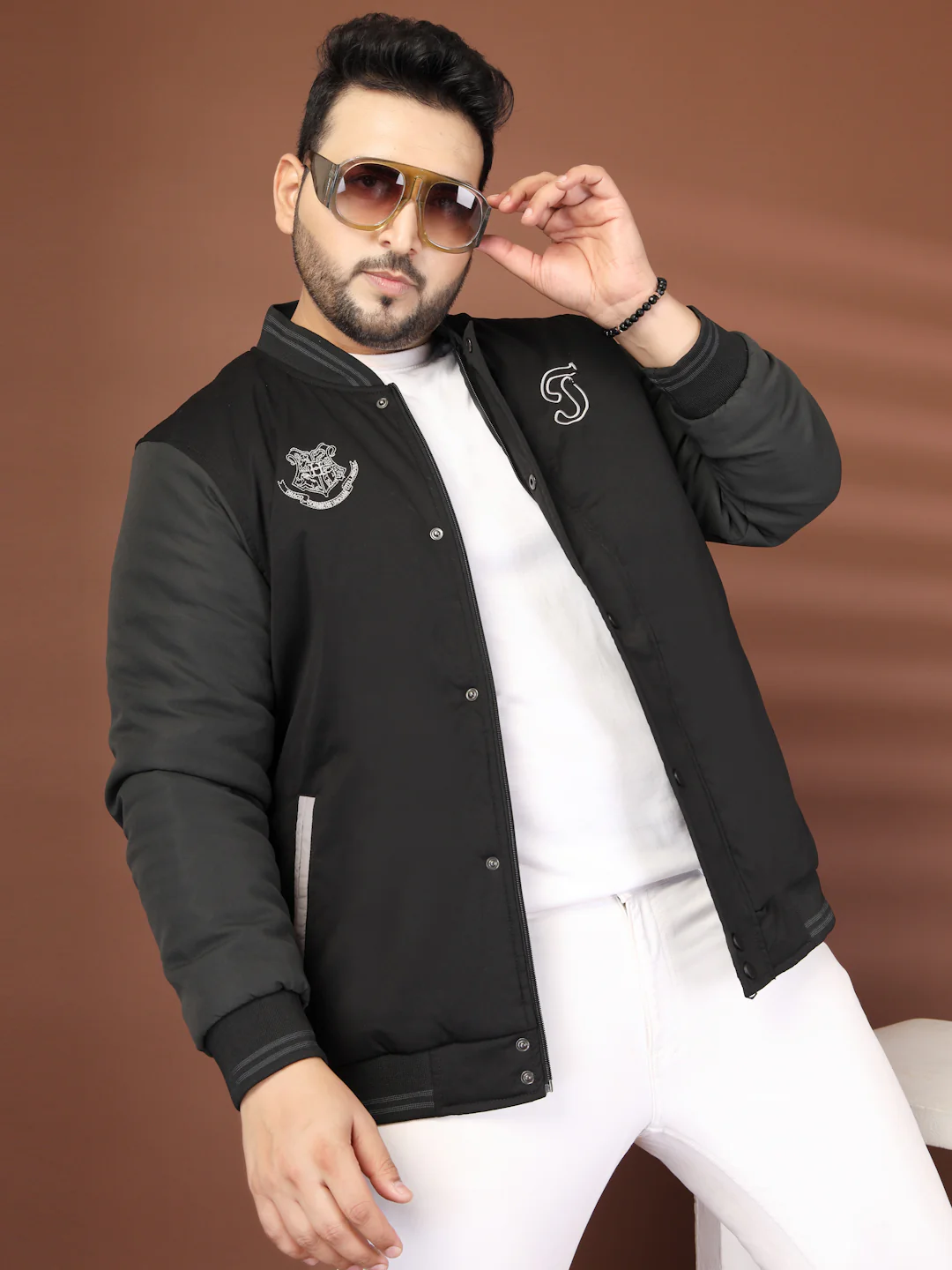 Plus Size Men Stand Collar Graphic Printed Varsity Jacket - Image 4