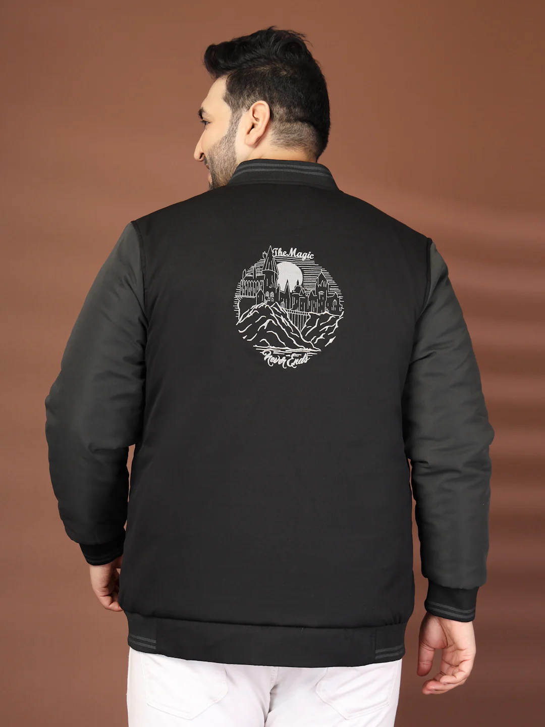 Plus Size Men Stand Collar Graphic Printed Varsity Jacket - Image 5
