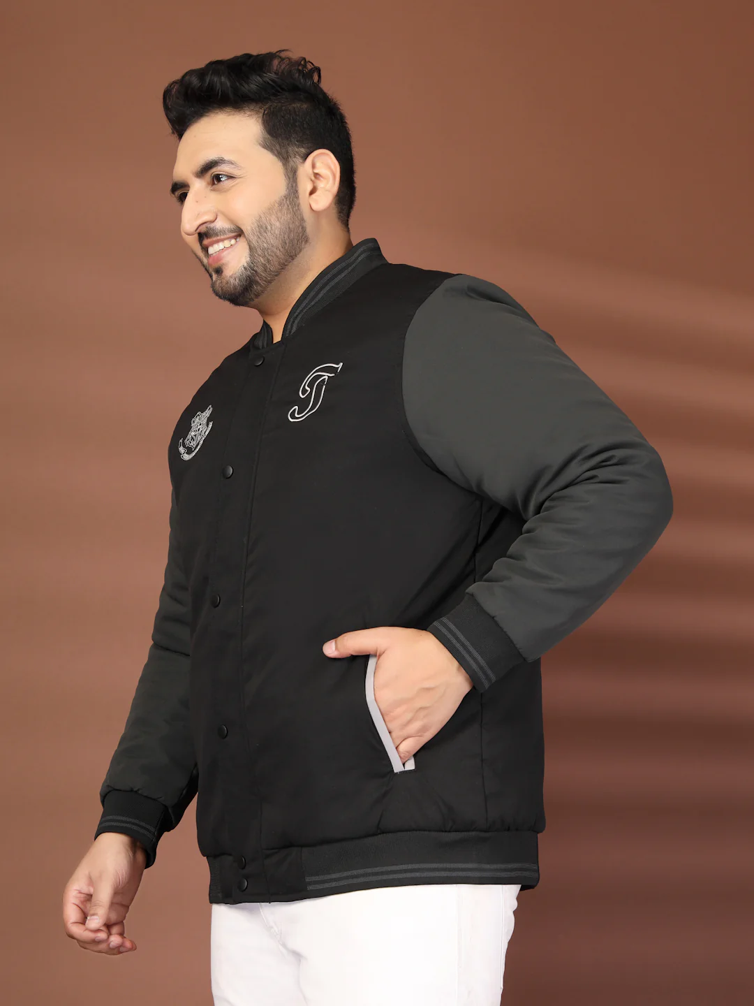 Plus Size Men Stand Collar Graphic Printed Varsity Jacket - Image 6