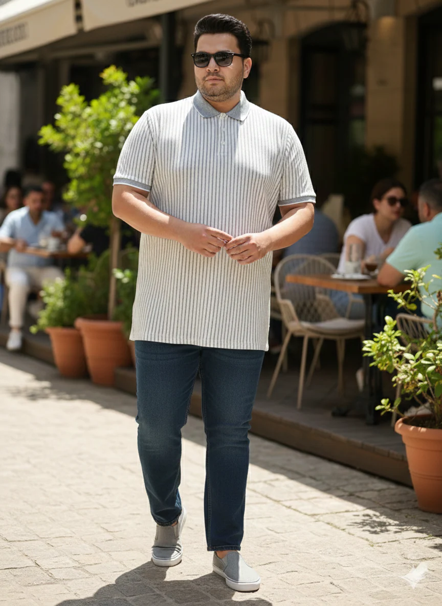 Plus Size Men Striped Polo Collar Cotton T-shirt - Image 2